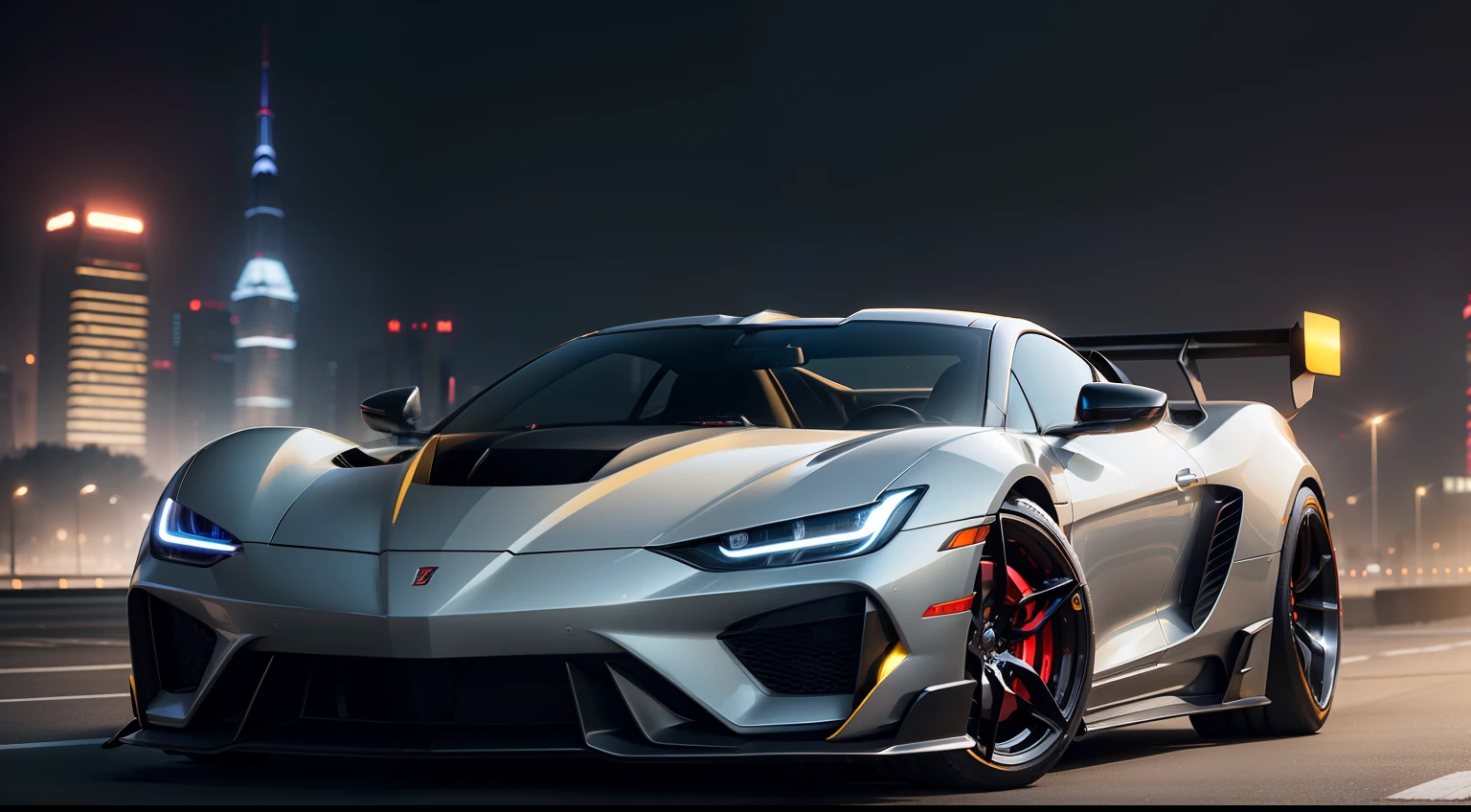 Realistic lighting, best qualtiy, 8K，Coupe roadster，super car，Triangular headlights，The body is aerodynamic，Silver body，Red wheels，Yellow calipers，Cyber style，The background is a night view of Shanghai