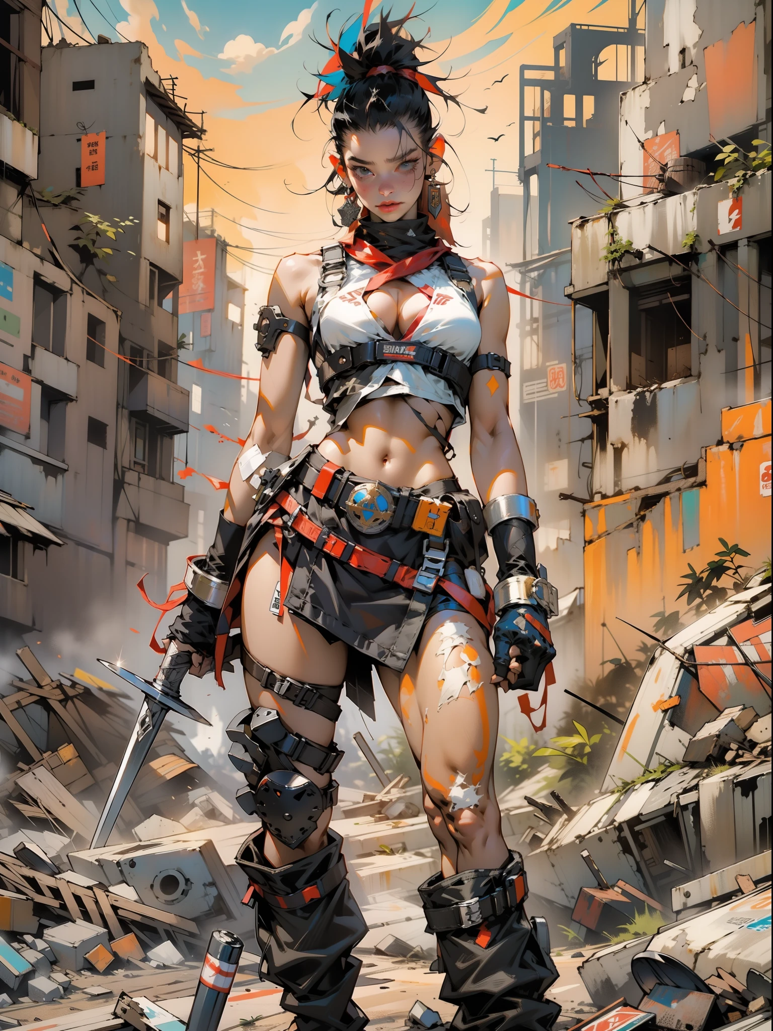 nijistyle, (((female))), (((best quality))), (((masterpiece))), (((adult))), A 35 year old barbarian queen with tiny thong in a post-apocalyptic world, hand with steel gloves and metal tips, (( under boobs )), (( Tiny thong )), quase nua, Simon Bisley style for a Brooklyn Gladiator comic book cover, sultry pose, scantily clad, nearly nude, wrecked outfit black with white vertical stripes, ( best quality), (absurdres), perfect body, sexy scene, colorful mohawk, background with a destroyed city