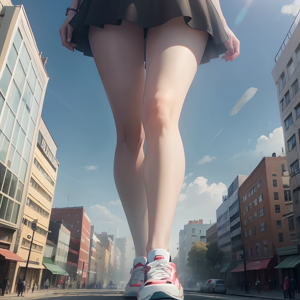 Huge maiden in sneakers standing in the city