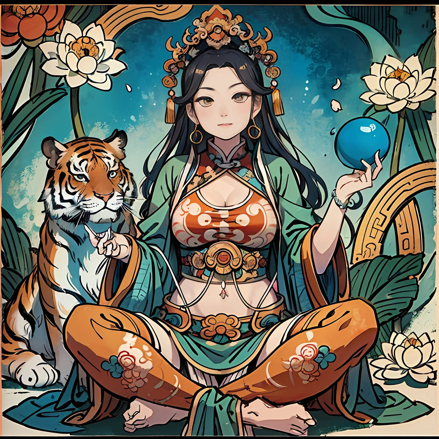 an ancient Chinese goddess, guanyin of the southern seas, Guanyin, Inspired by India, Avalokiteshvara rides a tiger,,Serene expression,shui mo hua,Buddha,Buddhist,Lotus,Chinese painting style,Thangka style