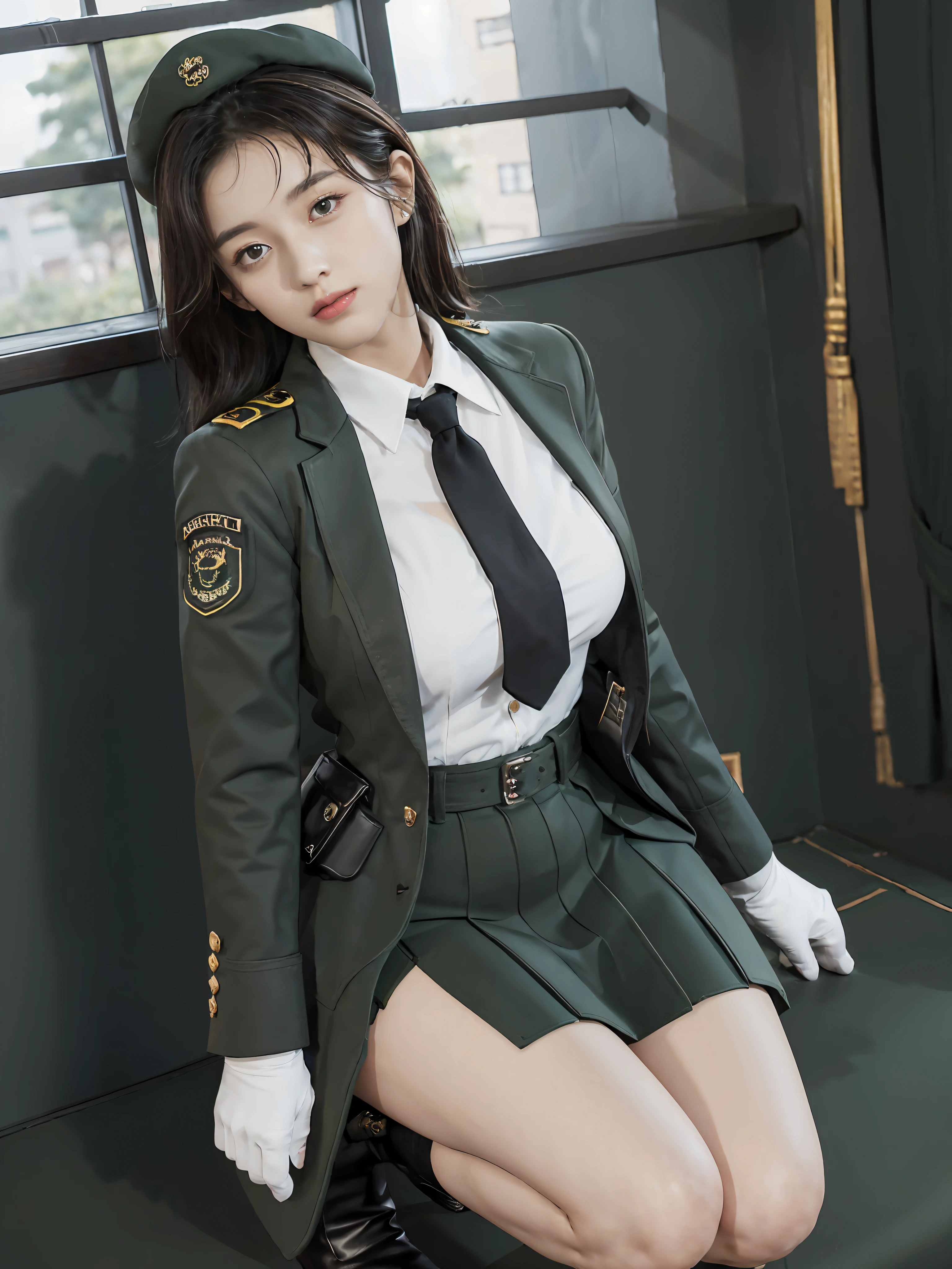 Very detailed CG unity 8K wallpaper，（tmasterpiece），（best qualtiy），（ultra - detailed），（Ultra photo realsisim），（best character detail：1.36），Nikon D750 f / 1.4 55mm，profesional lighting， physically-based renderingt, 1girll, Female soldier，army suit，Green military uniform，Fabric texture military uniform，Pure white lining，Dark green tie，Army green skirt，military hat，Black hair，the golden ratio,[:(com rosto detalhado:1.2):0.2]:,PureErosFace_V1, broad shoulder,(Bigchest:1.5),(big assa:1.5)，Wide buttock ，Bare legged，Plump legs，Move the center of gravity back，Squat on the grass，whitestocking，Small black leather shoes，hands lying on thighs，Soaked with sweat，red flags，At the cafe，Night Street，bright sun，Look at the audience from the front，Bright smile，White teeth，lighting，Contre-Jour，