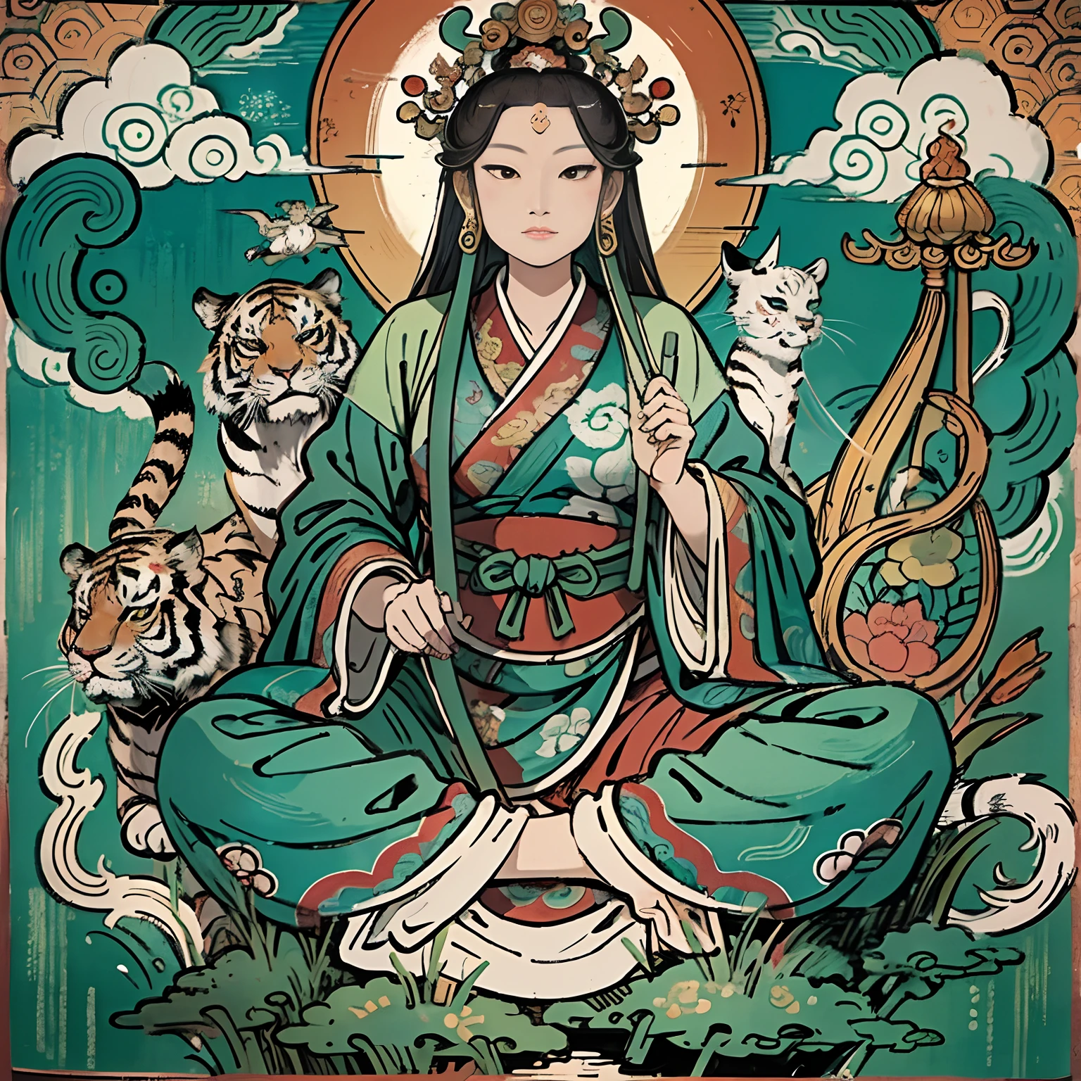 an ancient Chinese goddess, guanyin of the southern seas, Guanyin, Inspired by India, Avalokiteshvara rides a tiger，,Serene expression,shui mo hua,Buddha,Buddhist,Lotus,Chinese painting style,Thangka style