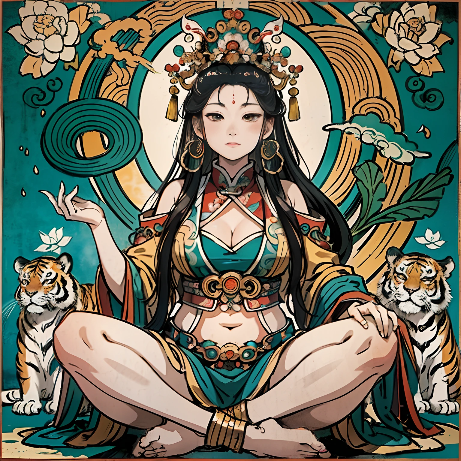 an ancient Chinese goddess, guanyin of the southern seas, Guanyin, Inspired by India, Avalokiteshvara rides a tiger,,Serene expression,shui mo hua,Buddha,Buddhist,Lotus,Chinese painting style,Thangka style