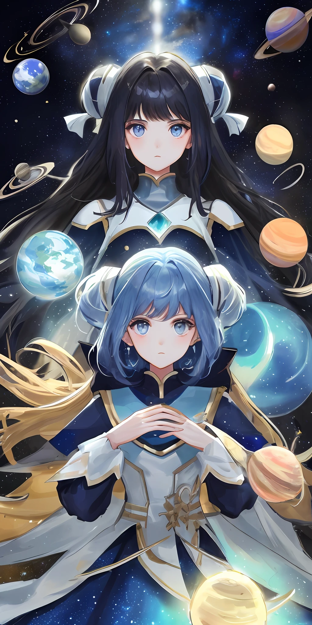 Galaxy Girl,tmasterpiece,quadratic element,blue colored eyes,Light blue with a hint of dark blue hair,With gorgeous clothes,The background is the Milky Way and many other planets,There is no expression on the face。