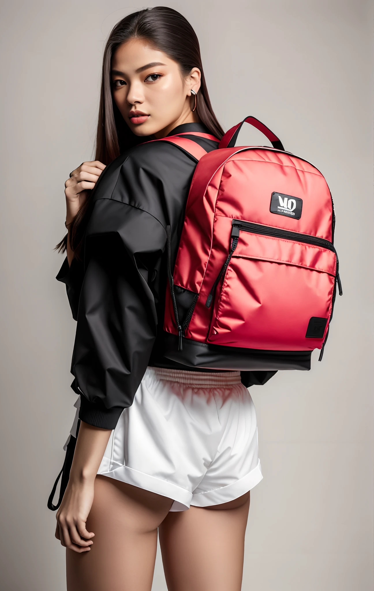 Mulher linda de blusa preta e shorts brancos com uma mochila vermelha, derriere tonificado, toned estate, Good estate, com uma mochila, mochila, she is wearing streetwear, uma mochila, mulher no streetwear, Ensaio do produto, fotografia de roupas, foto do produto, assunto completo mostrado na foto, Fotografia de uma mulher techwear, usando mochila de morango, foto do produto, TaeJune Kim, jennie blackpink, hypebeast, Coral Vermelho