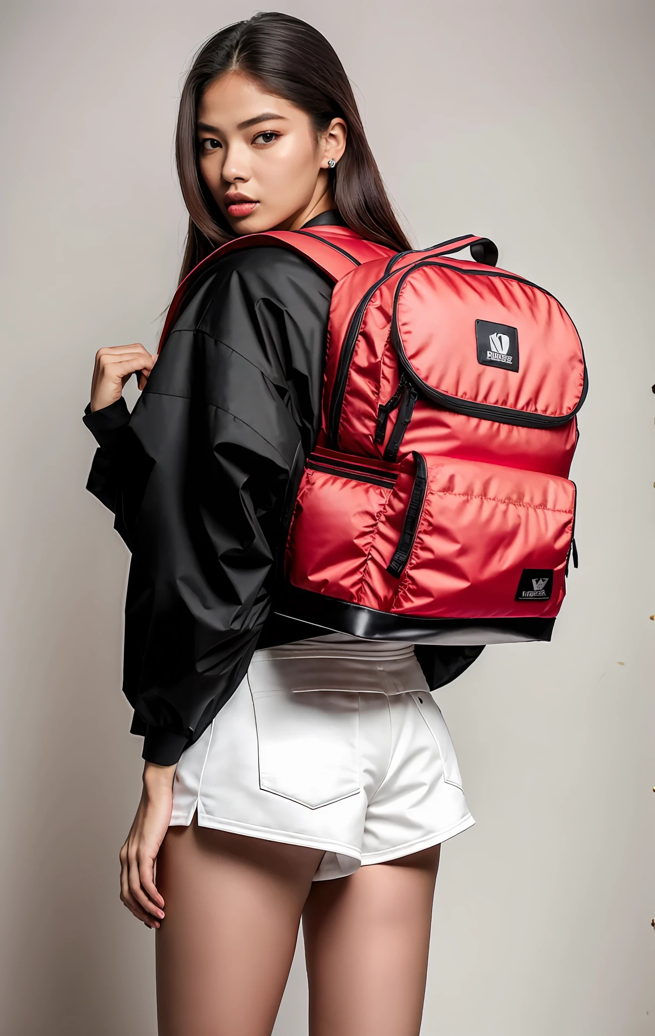 Mulher linda de blusa preta e shorts brancos com uma mochila vermelha, derriere tonificado, toned estate, Good estate, com uma mochila, mochila, she is wearing streetwear, uma mochila, mulher no streetwear, Ensaio do produto, fotografia de roupas, foto do produto, assunto completo mostrado na foto, Fotografia de uma mulher techwear, usando mochila de morango, foto do produto, TaeJune Kim, jennie blackpink, hypebeast, Coral Vermelho