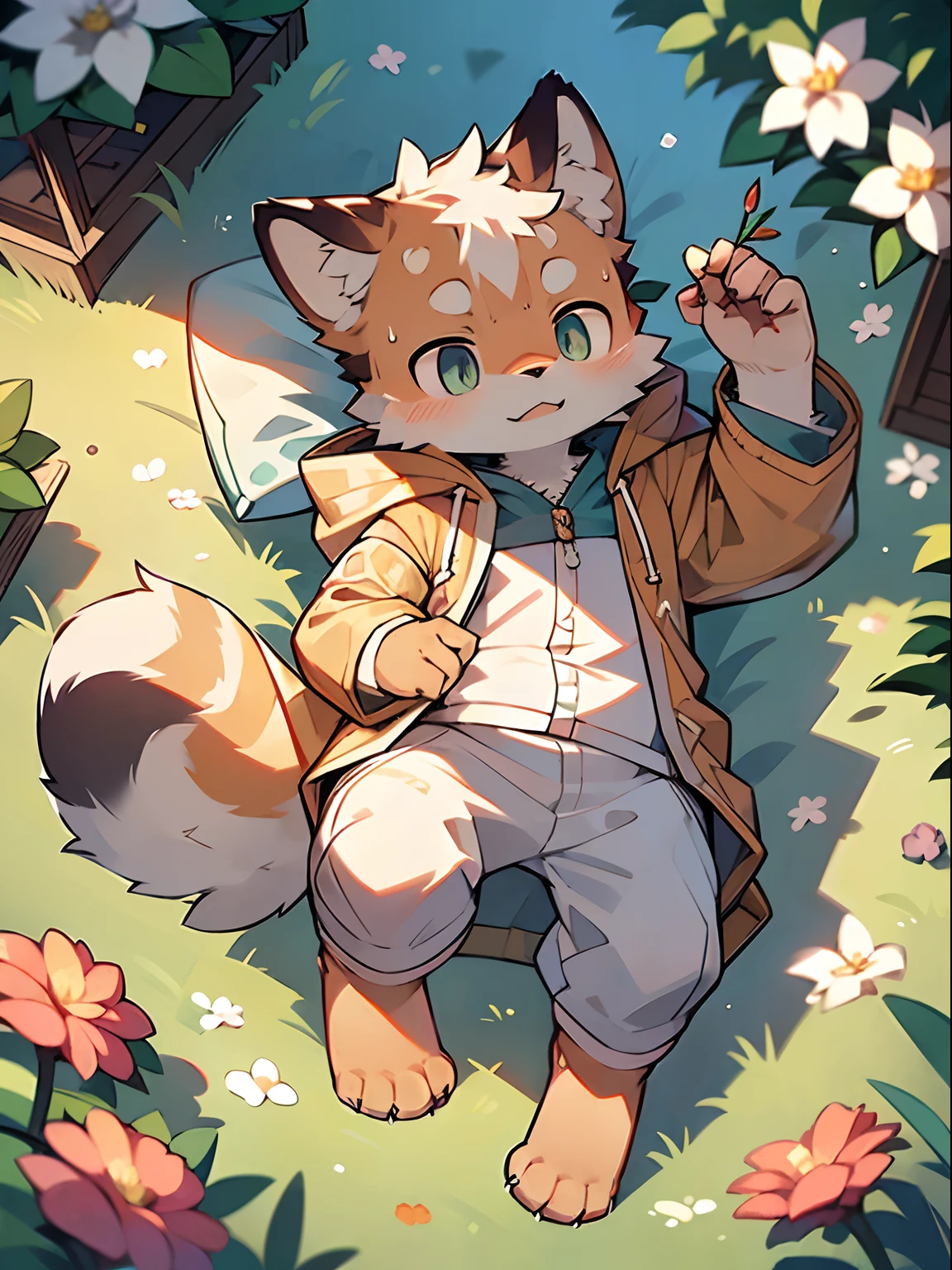 Masterpiece, Best quality, Perfect anatomy, Watery eyes, author:Milk Tiger 1145, author:K0bit0wani, Furry, coyote, (Phyllis:0.3), Muscular male, Solo, wears, baggy clothes, wet fur, (Translucent raincoat:1.1), (holding flower:1.1), Lying, bird's eyes view, Grass, rain, Eau, Rained,((Boy,Shota))