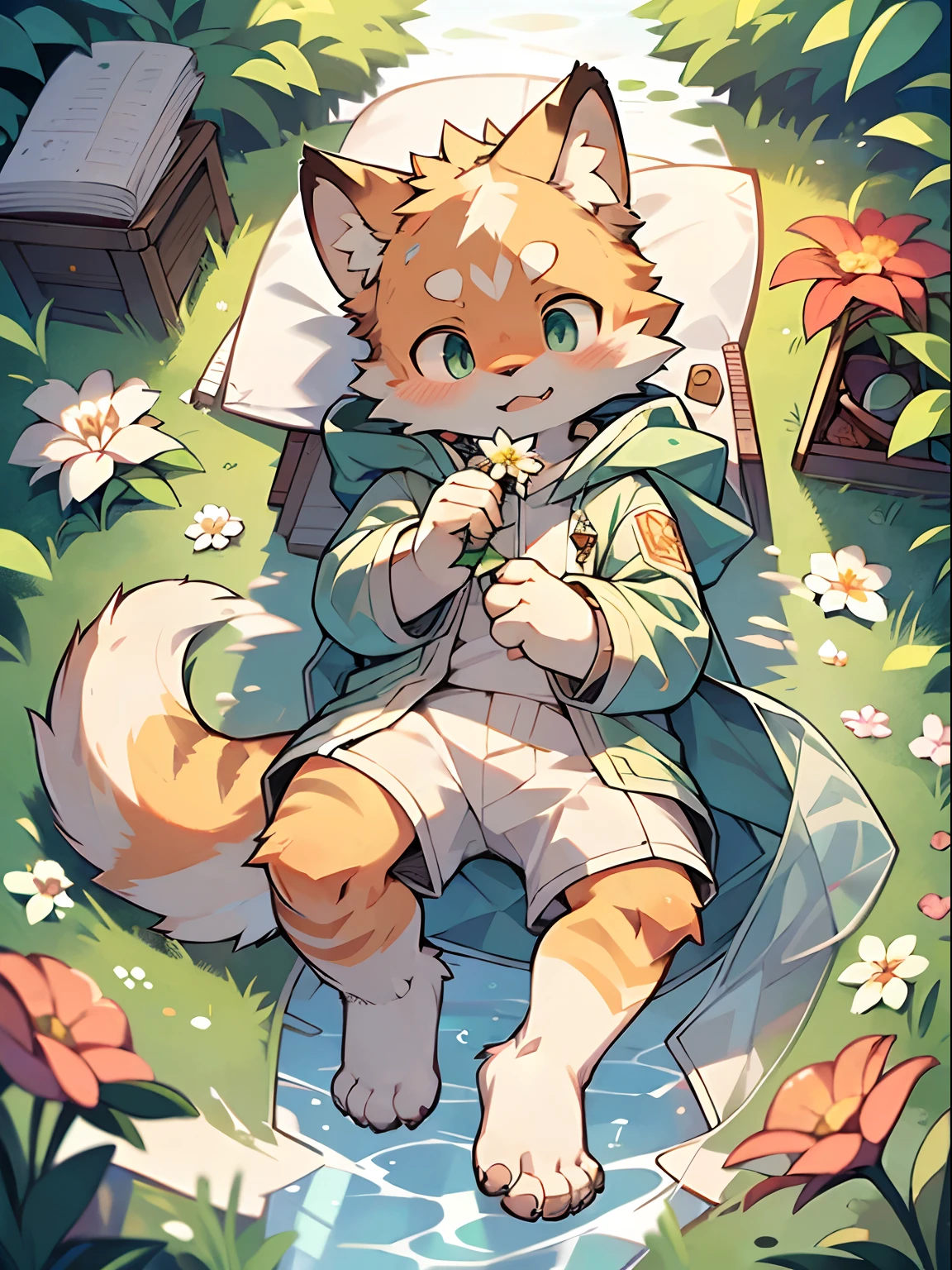 Masterpiece, Best quality, Perfect anatomy, Watery eyes, author:Milk Tiger 1145, author:K0bit0wani, Furry, coyote, (Phyllis:0.3), Muscular male, Solo, wears, baggy clothes, wet fur, (Translucent raincoat:1.1), (holding flower:1.1), Lying, bird's eyes view, Grass, rain, Eau, Rained,((Boy,Shota))