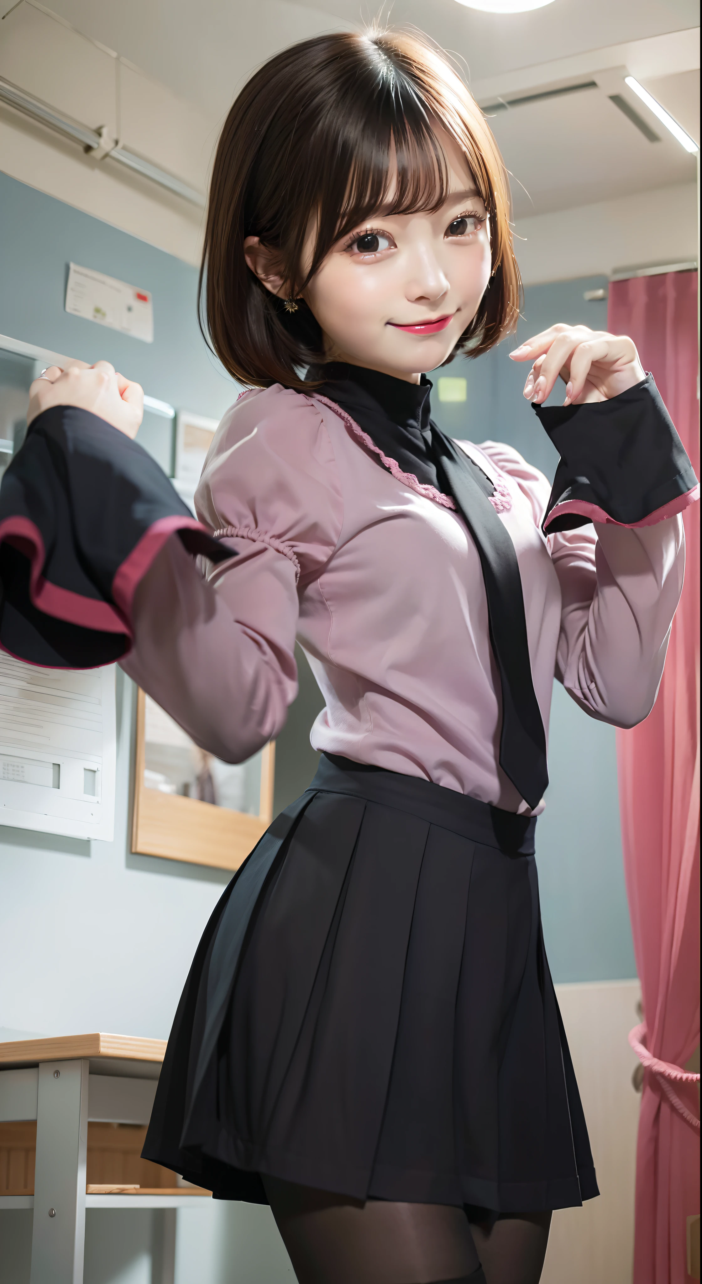 (masutepiece,Best Quality, Detailed), 1girl in, Solo, Indoors, crass room, Half-closed eyes, Smile, Closed mouth, Night, Dark, Moon, Cowboy Shot, oshino ougi, PINK SHIRT, Black pantyhose, sleeves past fingers, Pleated skirt, black necktie, Puffy sleeves, Black undershirt