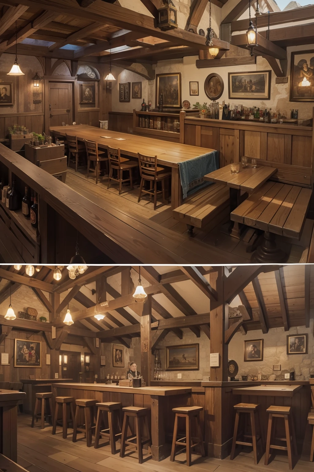 medieval-style tavern, large and lively place with some pictures on the walls, and a stone balcony