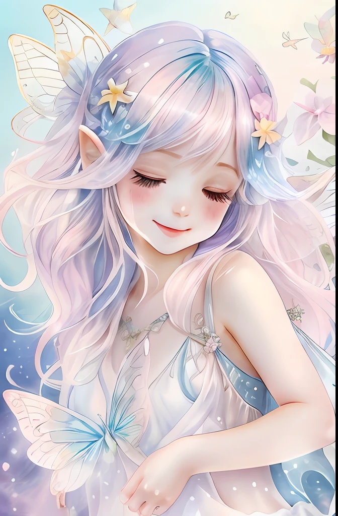 Beautiful fairy with a sense of transparency､Beautiful sparkling ocean、Transparent feathers､kindly smile､Summer background､Gentle and transparent fairy､Watercolor Paint､Baby