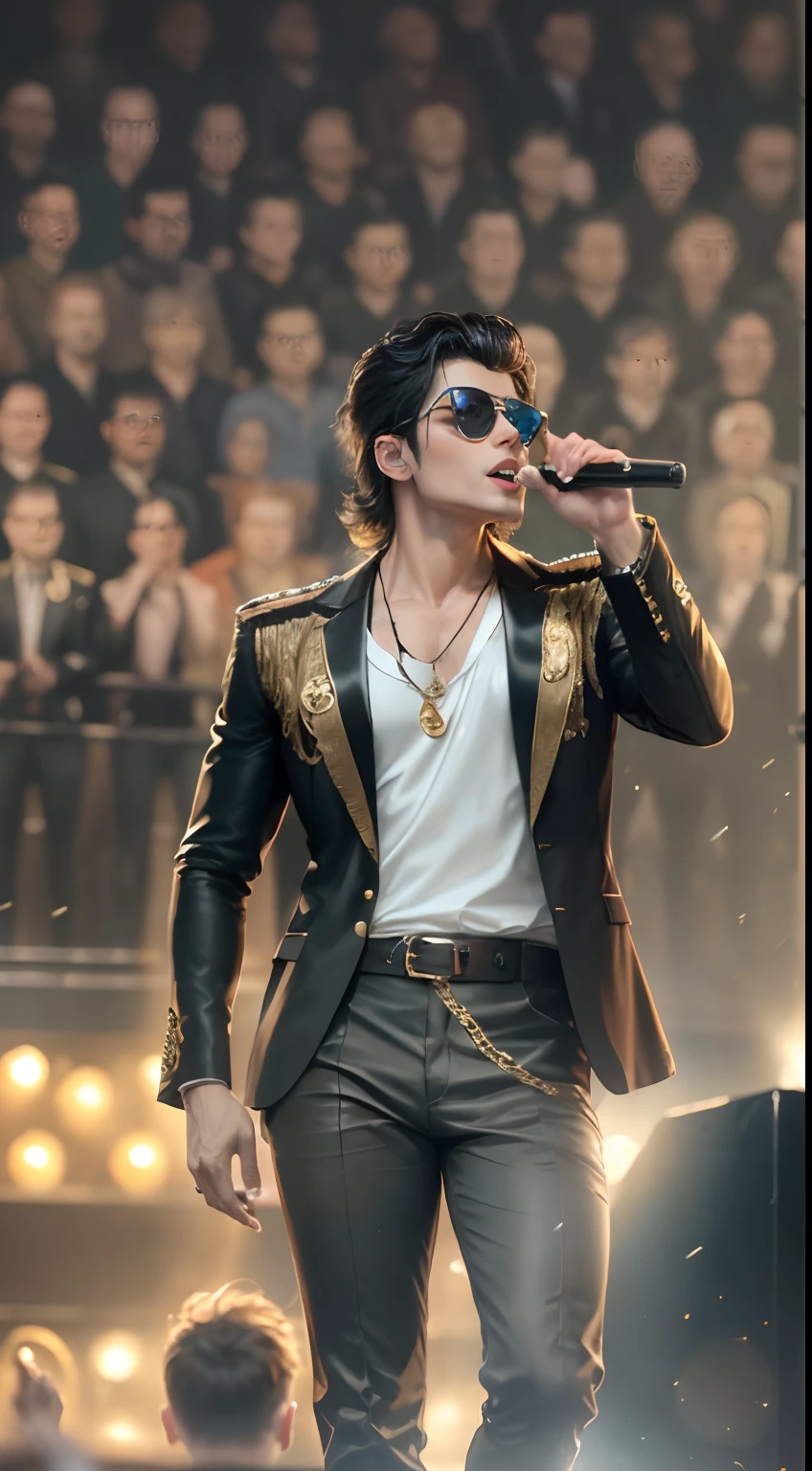 Downward view，Handsome guy's concert，tmasterpiece，8K，high definition resolution，cinmatic lighting，theater，lamplight，perform，cool guy，((microphones:1.5))，Concert，performance，Fashionable clothes，singers，idoly，hyperdetailed face, ((Ultra-detailed)),((Delicate face)),(high light,Gradient hair), GSHea，Look at the viewer, ((Distant view)), Strong light and shadow, Cinema lenses，tmasterpiece，Super quality，theater stage，Handsome guy in leggings sings through microphone on stage,  Wear stage costumes,  singing on stage,Stylish lenses，Handsome guy in gold costume and sunglasses, Handsome guy with shoulder pads,  wearing black uniform, he is a rockstar,  regal pose, Gold accents, Michael Jackson's style, gilded black uniform