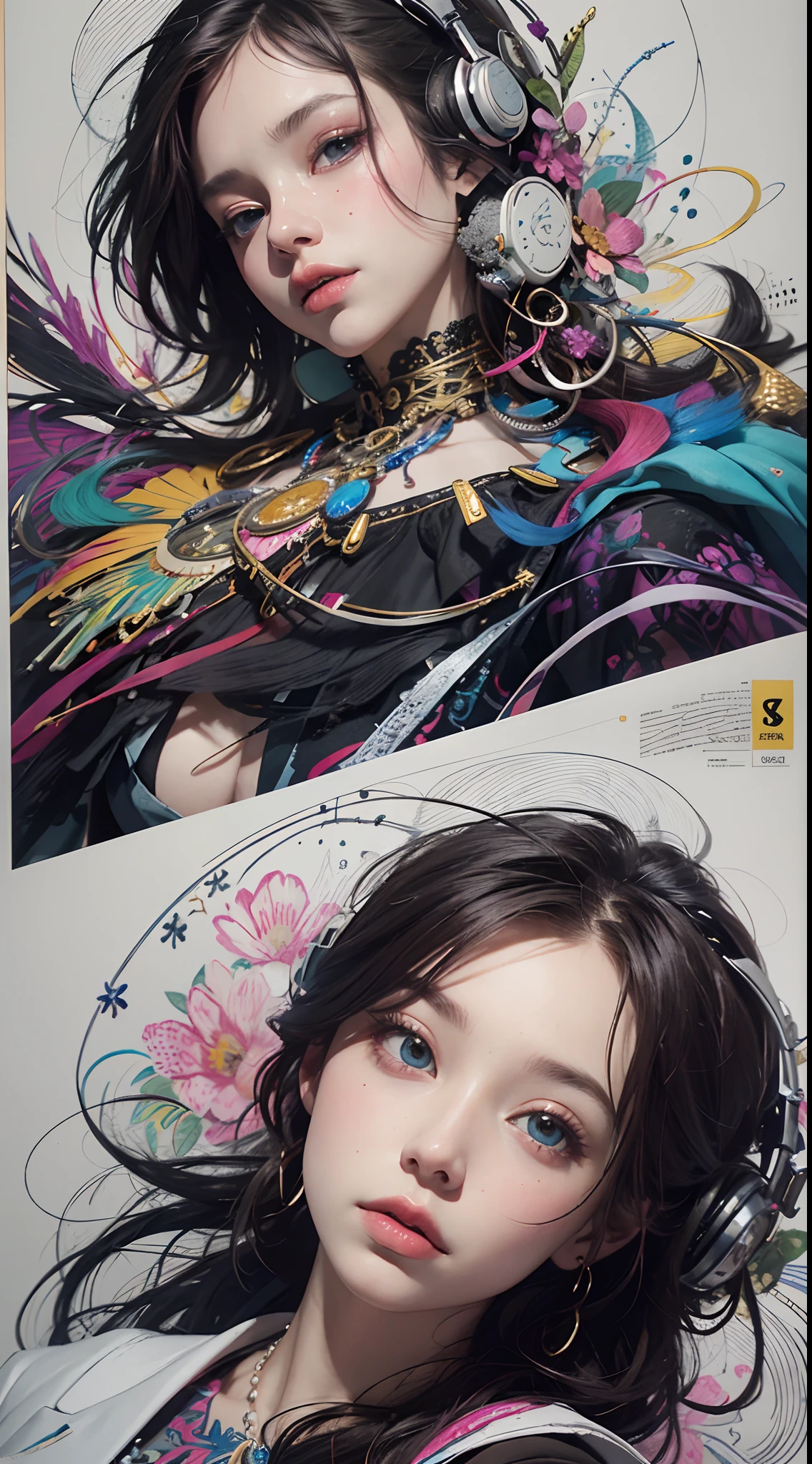official art, unity 8k wallpaper, ultra detailed, beautiful and aesthetic, beautiful, masterpiece, best quality, (zentangle, mandala, tangle, entangle), dynamic angle, cowboyshot, the most beautiful form of chaos, elegant, a brutalist designed, vivid colours, romanticism, by james jean, roby dwi antono, ross tran, francis bacon, michal mraz, adrian ghenie, petra cortright, gerhard richter, takato yamamoto, ashley wood, atmospheric, enjoying a stream of music, where you can visualize the notes, ecstasy of musical notes, streaming musical notes visible