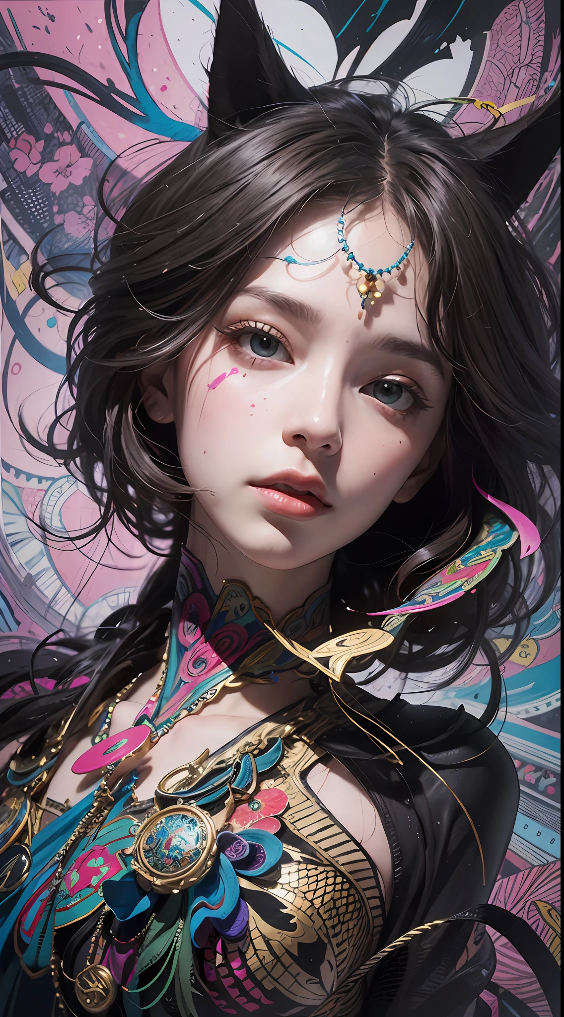 official art, unity 8k wallpaper, ultra detailed, beautiful and aesthetic, beautiful, masterpiece, best quality, (zentangle, mandala, tangle, entangle), dynamic angle, cowboyshot, the most beautiful form of chaos, elegant, a brutalist designed, vivid colours, romanticism, by james jean, roby dwi antono, ross tran, francis bacon, michal mraz, adrian ghenie, petra cortright, gerhard richter, takato yamamoto, ashley wood, atmospheric, enjoying a stream of music, where you can visualize the notes, ecstasy of musical notes, streaming musical notes visible