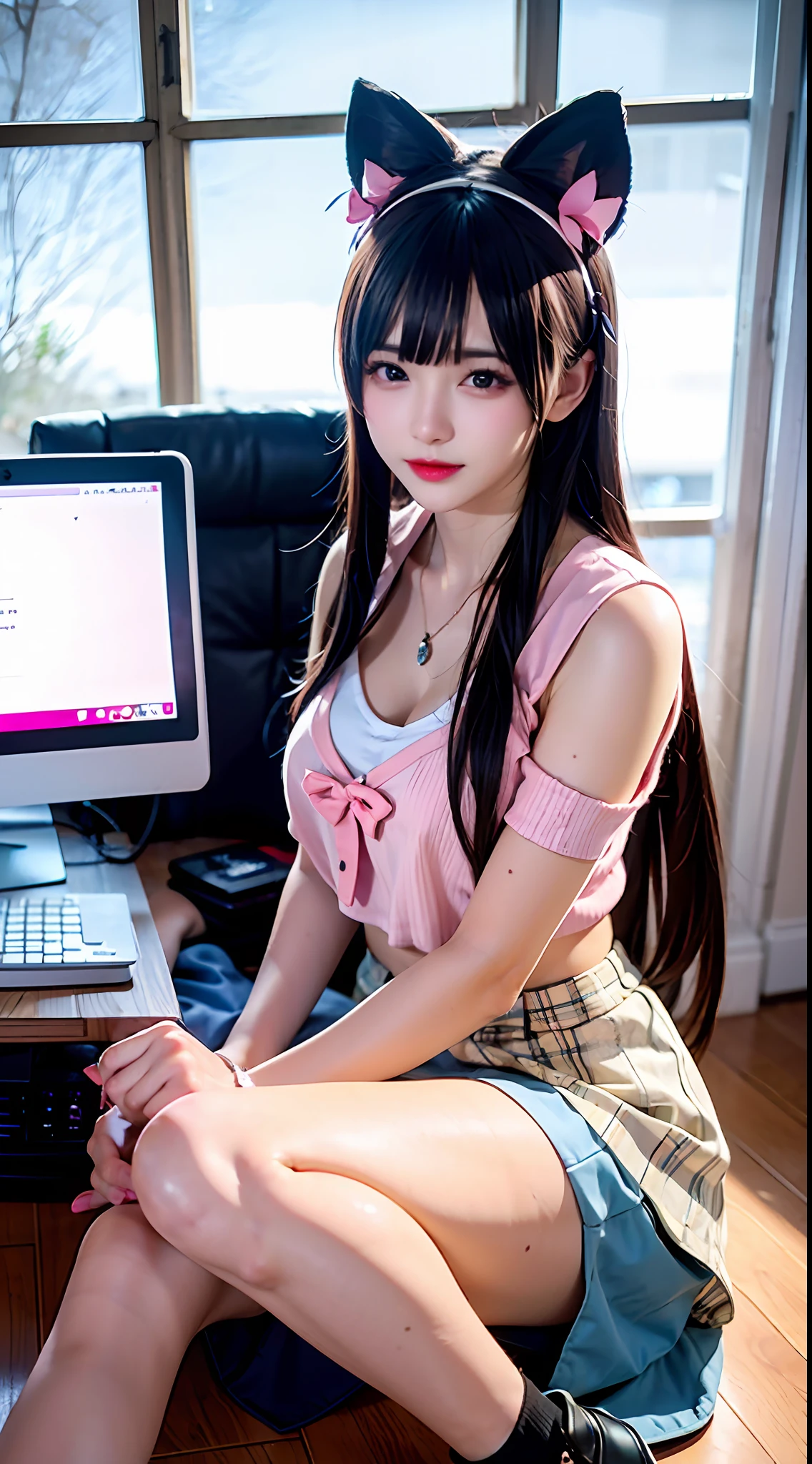 Pink butterfly headband woman，Beautiful muscle lines，Hold the cardboard box in your hand，Fresh office views，Neat desktop，Modern computers。