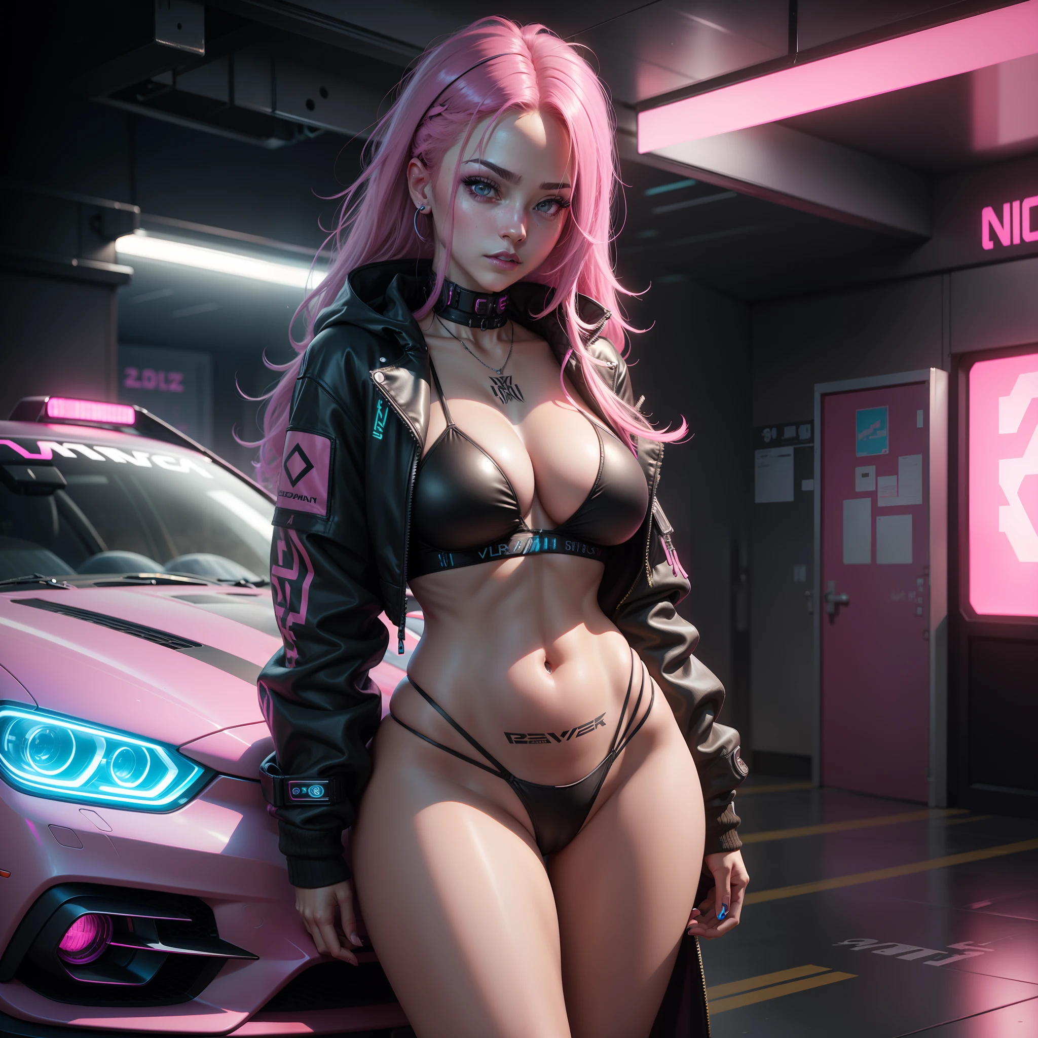 woman in black bikini posing in a neon car, airy pink down jacket,cyberpunk 2 0 y. o model girl, thicc,pink long hair, photorealistic perfect body, wlop glossy skin, dreamy cyberpunk girl, smooth dark skin, cyberpunk art ultrarealistic 8k, in cyberpunk style, full body cgsociety, pink body, oppai cyberpunk, 8 k sensual lighting, some pink, sexy body, many color tattoo, dark neon room,neon lighting,neon car