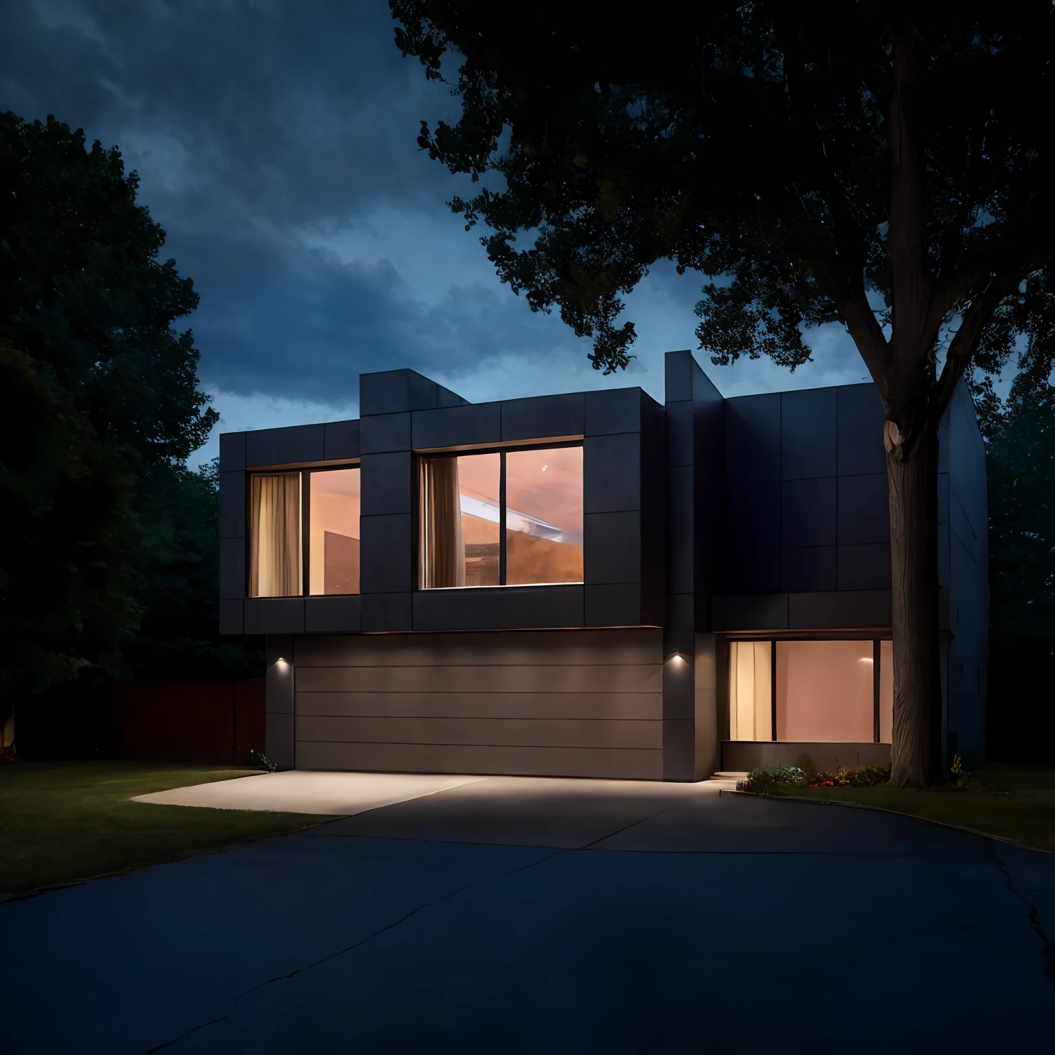 Aperture: f/8 - f/16,focal length: 35mm, low distortion, perpestive, modern architecture, ultra realistic, raw photo, sharp focus, tree background, sunlight, glasses window, tile wall,, masterpiece,ultra realistic,32k,extremely detailed CG unity 8k wallpaper, best quality, dark sky, dark night, dark theme,