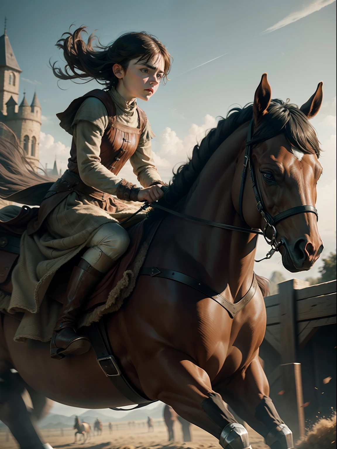 arya stark moving with her horse, abstract 4k image