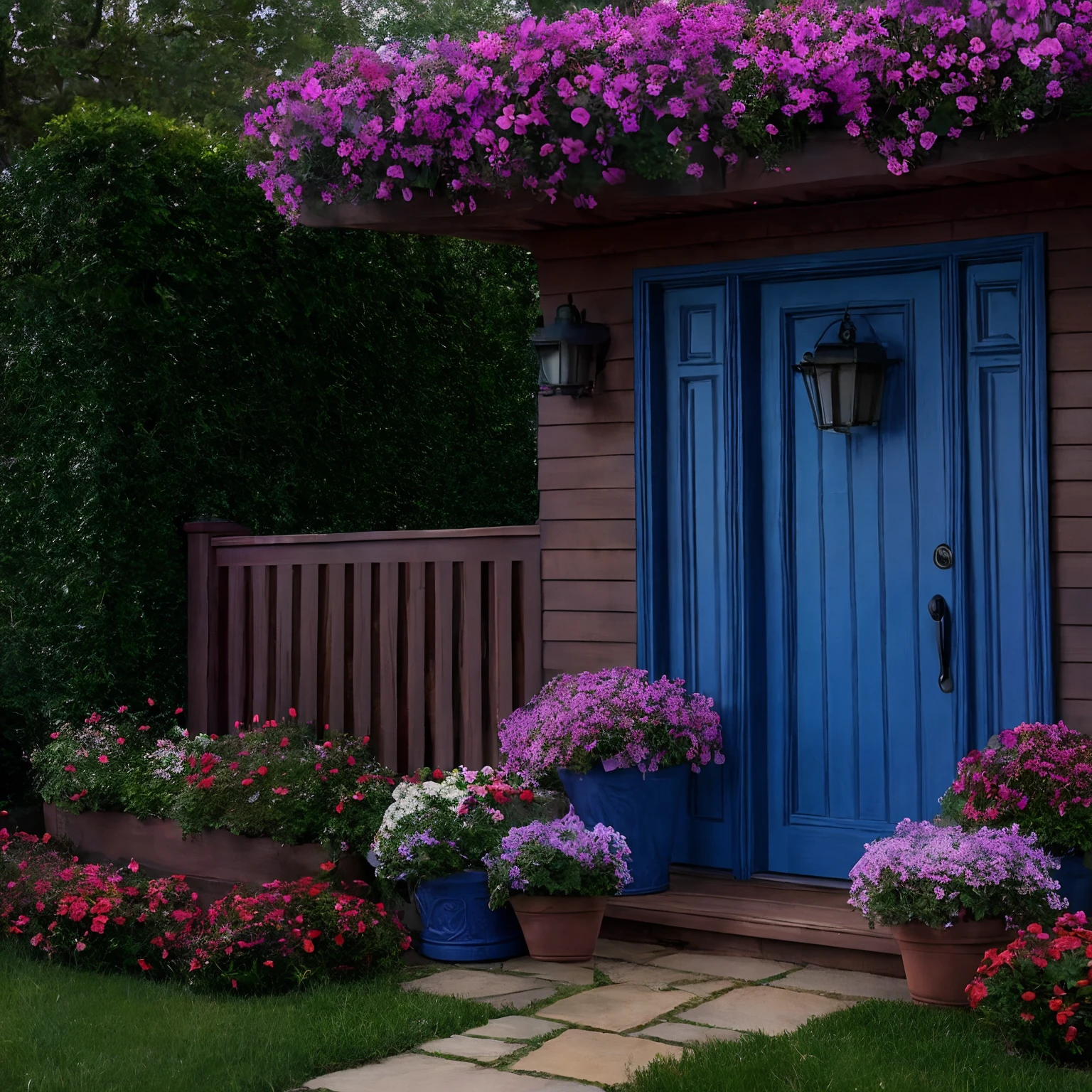 garden, fence, mailbox, letterbox, doorstep, door, front porch, porch, flower pots, pots, planter boxes, entryway, foyer, low stool, stool, garden bench, chair, butterflies, bees, flowers, water feature, wood hot tub, intricate background, stunning background, beautiful background, amazing background, no human, dark sky, dark night, dark theme,
