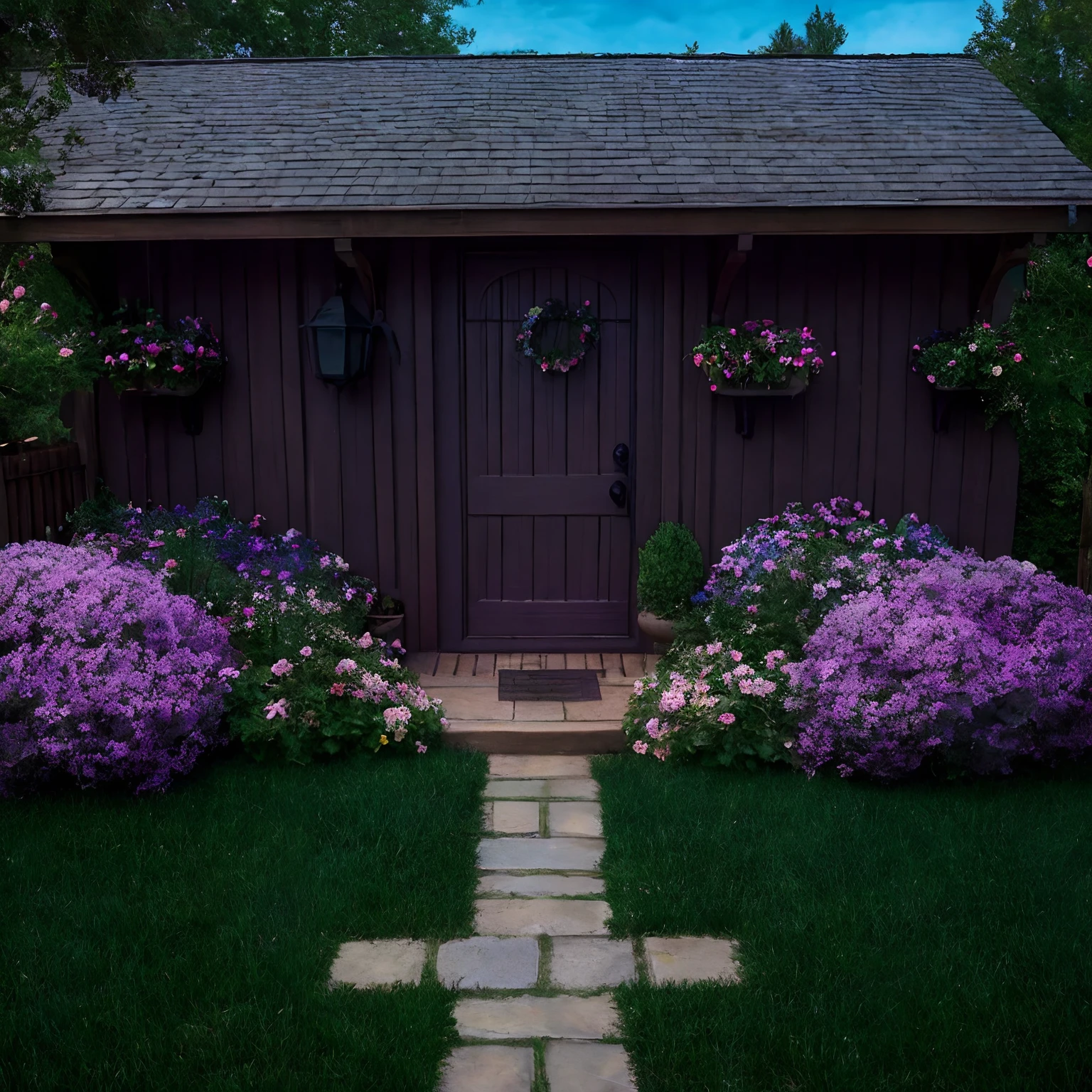 garden, fence, mailbox, letterbox, doorstep, door, front porch, porch, flower pots, pots, planter boxes, entryway, foyer, low stool, stool, garden bench, chair, butterflies, bees, flowers, water feature, wood hot tub, intricate background, stunning background, beautiful background, amazing background, no human, dark sky, dark night, dark theme,