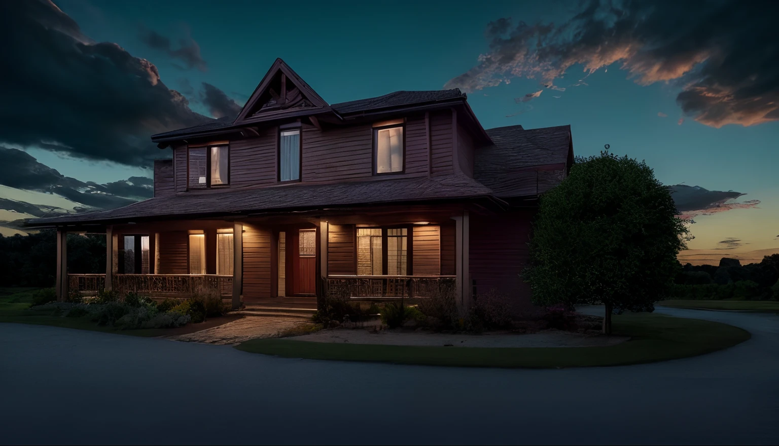 (masterpiece),(high quality), best quality, real,(realistic), super detailed, (full detail),(4k),8k,scenery, no humans, tree, outdoors, sky, window, building,door, reflection, cloud, dark sky, house, sunset, dark night, dark theme,