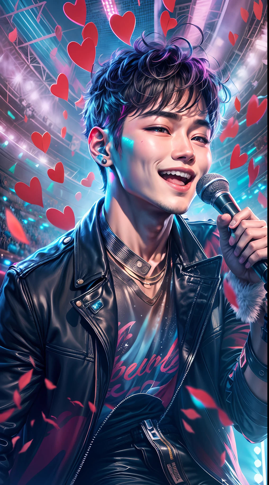 A K-pop heartthrob captivates the audience under dazzling lights at a stadium concert, his hand wrapped around a microphone, his smile melting hearts as he performs, the vibrant sea of fans in the background creating a pulsating energy, Digital Art, blending bright hues to create an almost surreal atmosphere that mirrors his celebrity status
