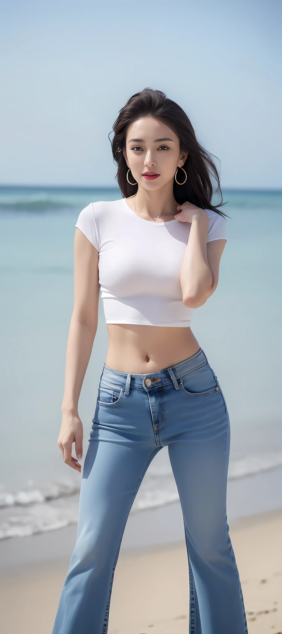 Close-up of a woman in jeans standing on the beach, wearing tight shirt, belly button showing, wearing tight simple clothes, photo of slim girl model, wearing sexy cropped top, Tight shirt, dressed in a white t-shirt, wearing a cute top, Her navel was exposed, wearing a crop top, Beautiful girl model, skinny waist and thick hips perfect breast nipples nice clevage seductive poses red lips full body front face nudes