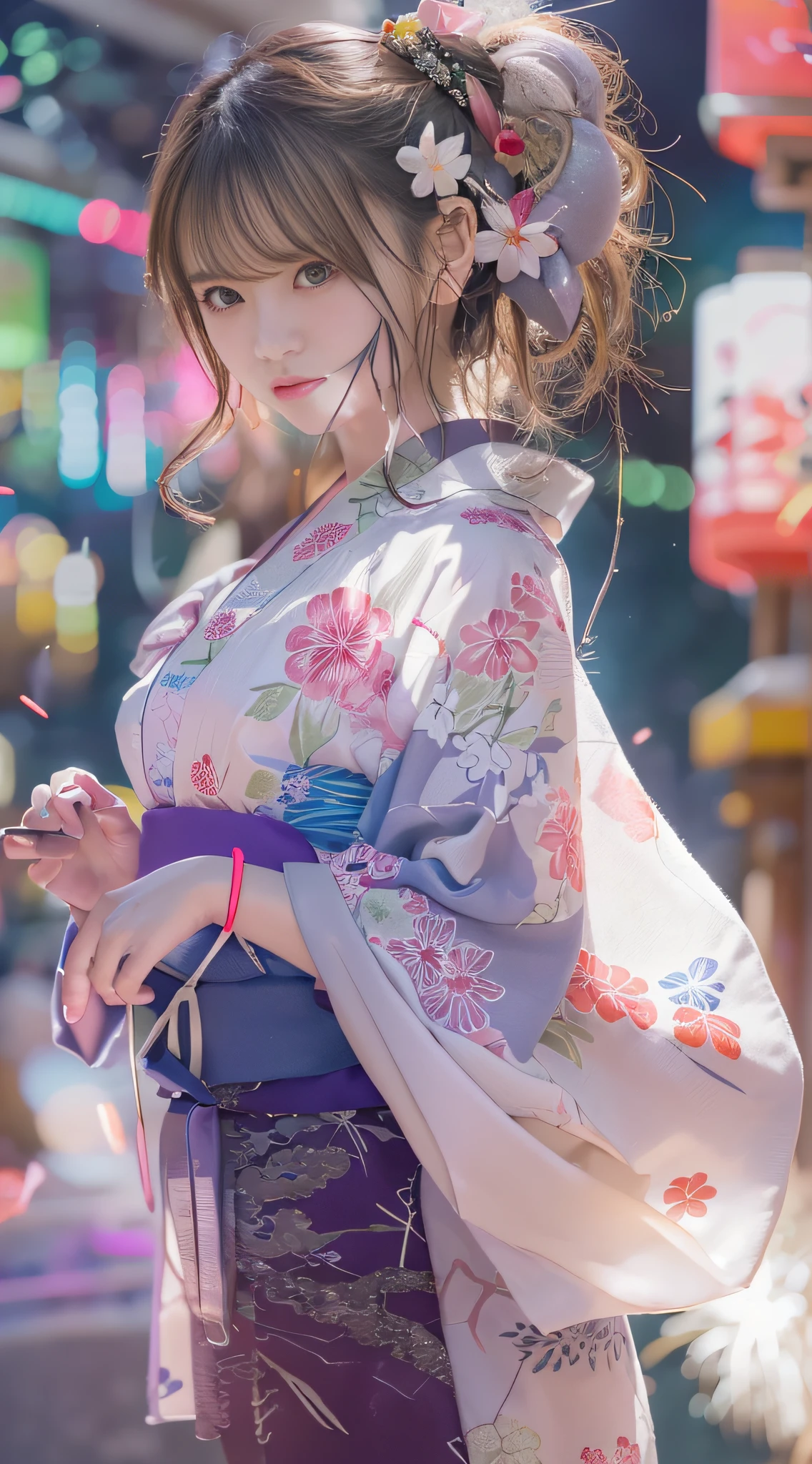 top-quality、masterpiece、超A high resolution、(Photorealsitic:1.4)、Raw photo、Detailed CG image quality、cyberpunked、(Fireworks Festival:1.4)、Beautiful fece、1girl in、japanes、22year old、(blue eyess:1.2)、pink lipsticks、A smile、(Silvery head hair:1.4)、skin tanned、(Hair Ornament:1.4)、(bath robe:1.4), (Short-length yukata:1.4)、cleavage of the breast、detailed portrait、8K picture quality、concept-art、Cinematic and dramatic atmosphere、(Shrine of Japan:1.2)、(Japan red and white lanterns:1.2)、Wind chimes、(Festival flag,)、Paper decoration、(3 + Women: 1.4)、foco nítido、Volumetric lighting、Cinematographic lighting、Colorful neon lighting、depth of fields、Ambient lighting、Blurred foreground、blurry backround:1.3、(8mm fisheye lens:1.4)、(Angle from directly below:1.4)、(The whole body is visible:1.4)、