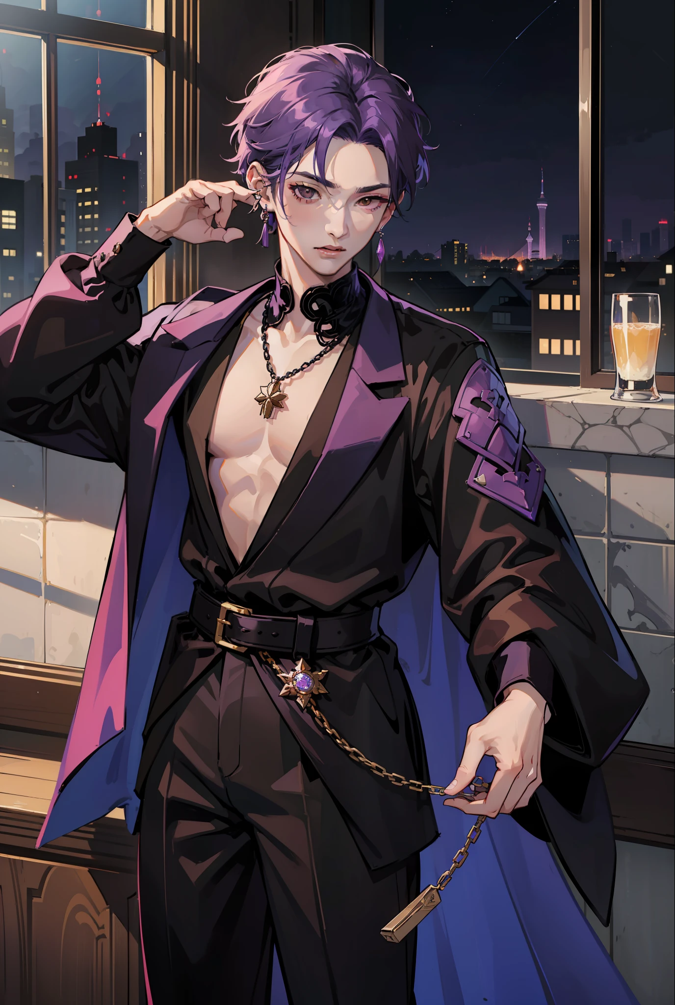 Moonlight behind, Rest in the mansion, Man with bright purple hair, inspired by Sim Sa-jeong, nixeu and sakimichan, Inspired by Wang Duo, Morgoth, inspired by Bian Shoumin, inspired by Gang Se-hwang, inspired by jeonseok lee, Tumbler, high-level image quality、 beautiful male、tall、𝓡𝓸𝓶𝓪𝓷𝓽𝓲𝓬、Korean Male, k pop, Professional Photos, Vampires, À la Fed Man with Necklace, inspired by Sim Sa-jeong, androgynous vampire, :9 detailed face: 8, extra detailed face, detailed punk hair, ((Brown eyes)) baggy eyes, Seductive. Highly detailed, semi realistic anime, Vampires, hyperrealistic teen, delicate androgynous prince, imvu, short hair above the ears, Man with short hair, Bangs parted in the center, Glaring expression, Cool pose, Korean fashion with black suit revealing chest plate, Realistic world view