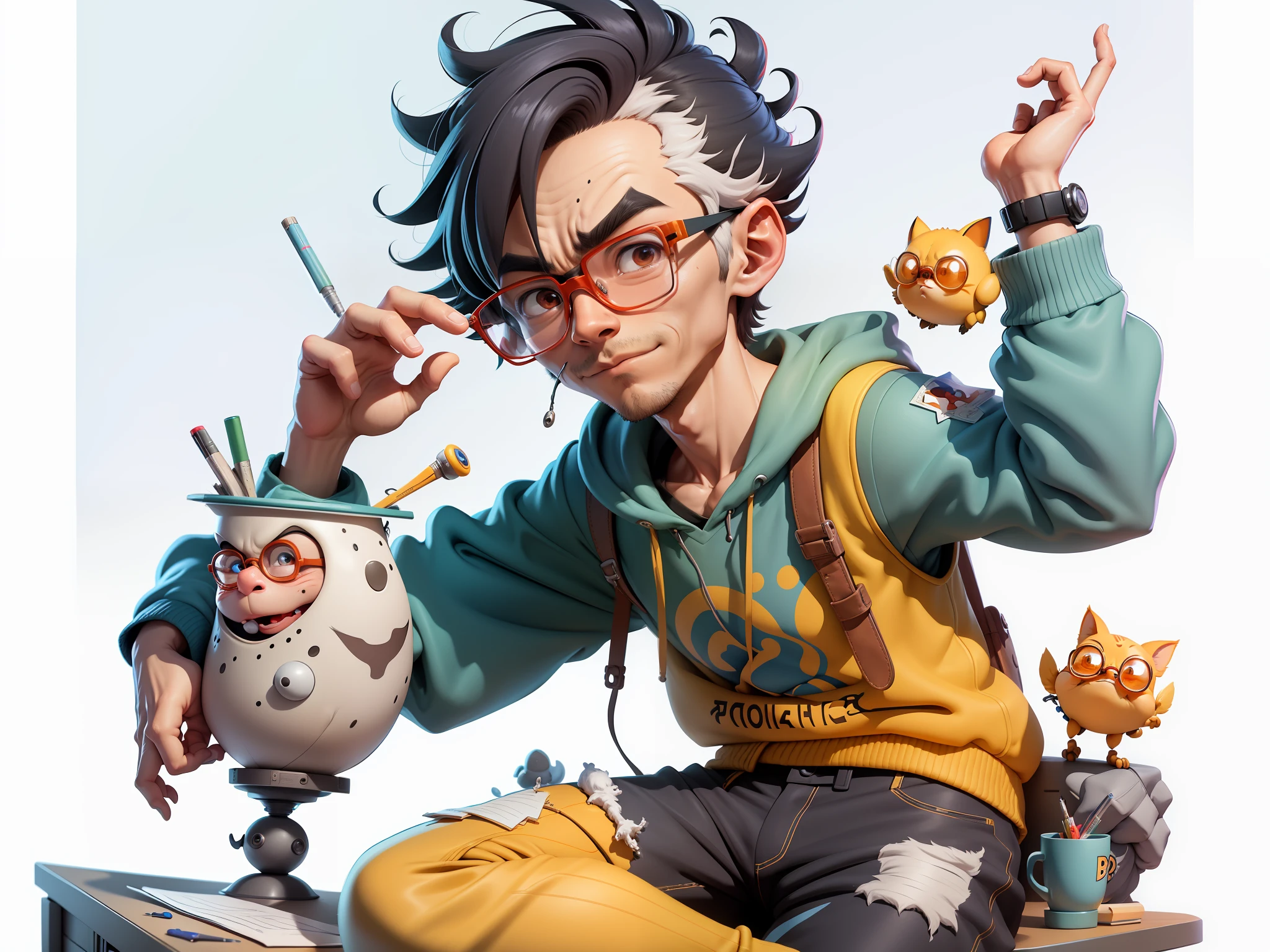 A young man with glasses sits at his desk,holding laptop,digitial painting,3D character design by Mark Clairen and Pixar and Hayao Miyazaki and Akira Toriyama,4K HD illustration,Very detailed facial features and cartoon-style visuals。