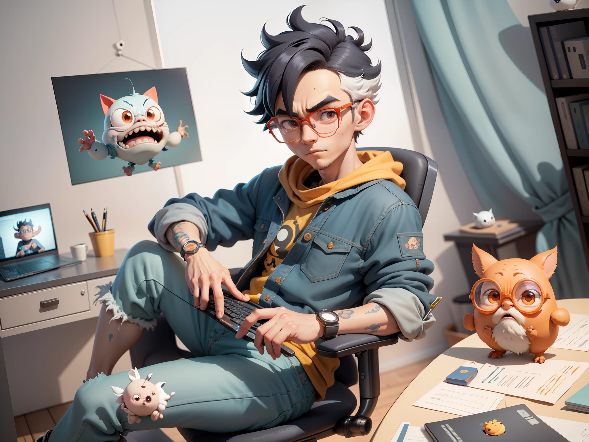 A young man with glasses sits at his desk,holding laptop,digitial painting,3D character design by Mark Clairen and Pixar and Hayao Miyazaki and Akira Toriyama,4K HD illustration,Very detailed facial features and cartoon-style visuals。