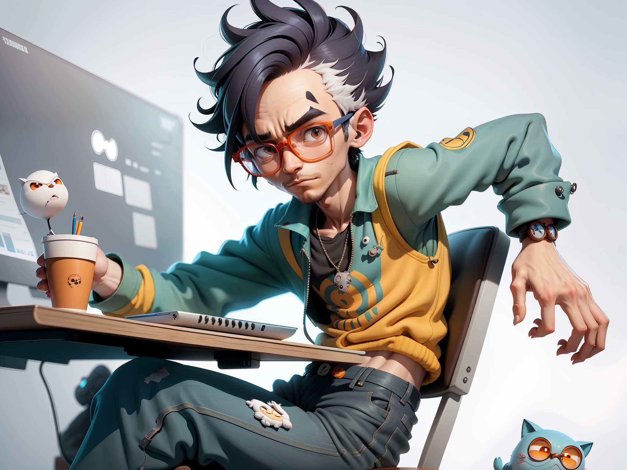 A young man with glasses sits at his desk,holding laptop,digitial painting,3D character design by Mark Clairen and Pixar and Hayao Miyazaki and Akira Toriyama,4K HD illustration,Very detailed facial features and cartoon-style visuals。