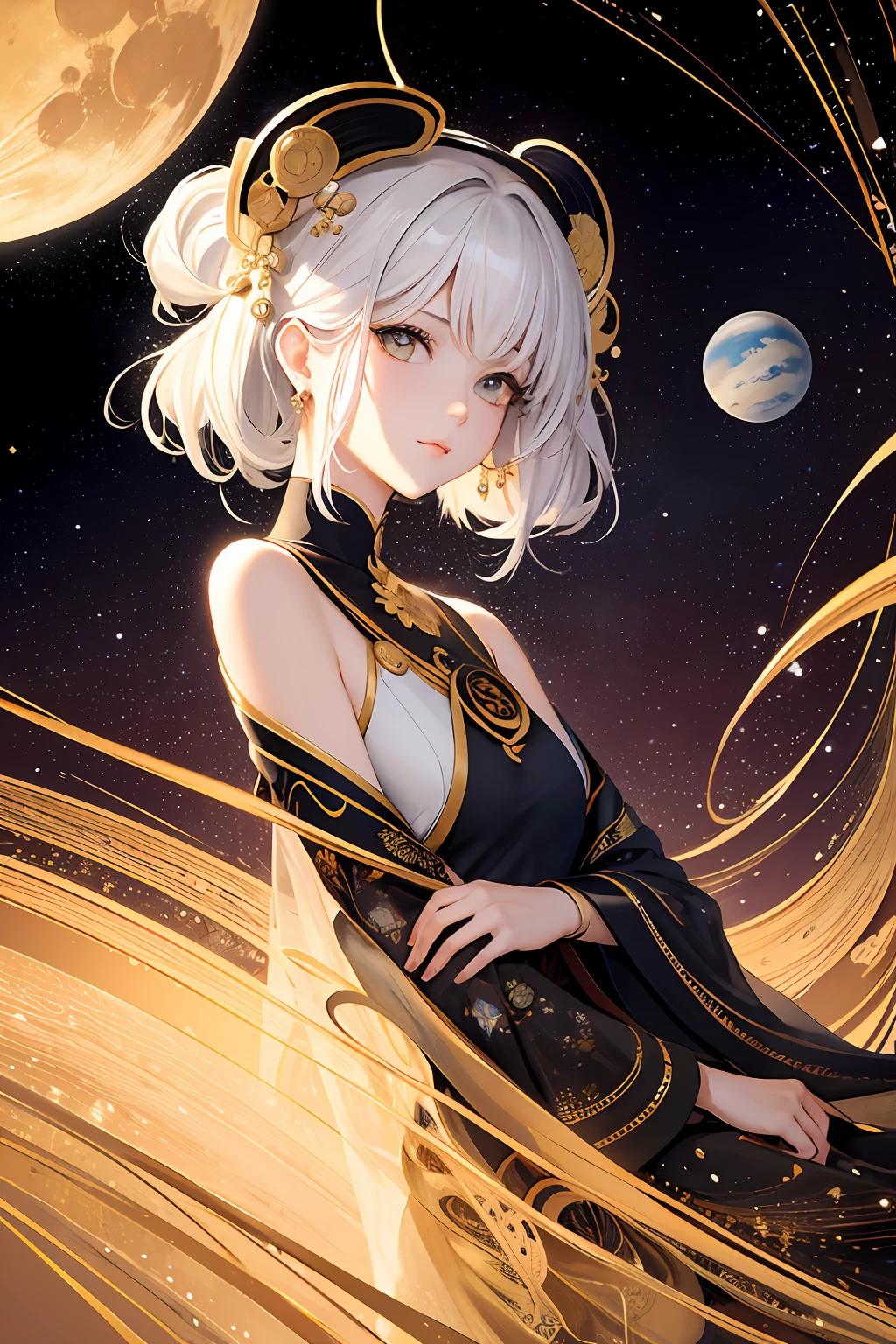The planets are arranged like a Zen painting,(tmasterpiece,top Quority,best qualtiy,offcial art,Beauty and aesthetics:1.2),(1girl),Extremely detailed,(s fractal art:1.3),extremely colorful,Most detailed