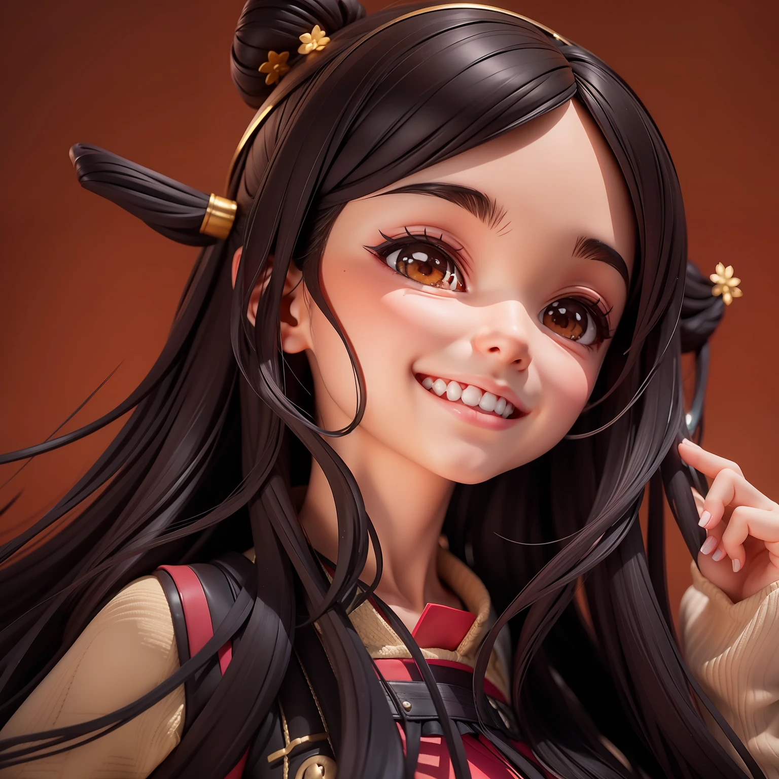 1girl, with brown piyama, long hair, black hair, anime style, cute smile