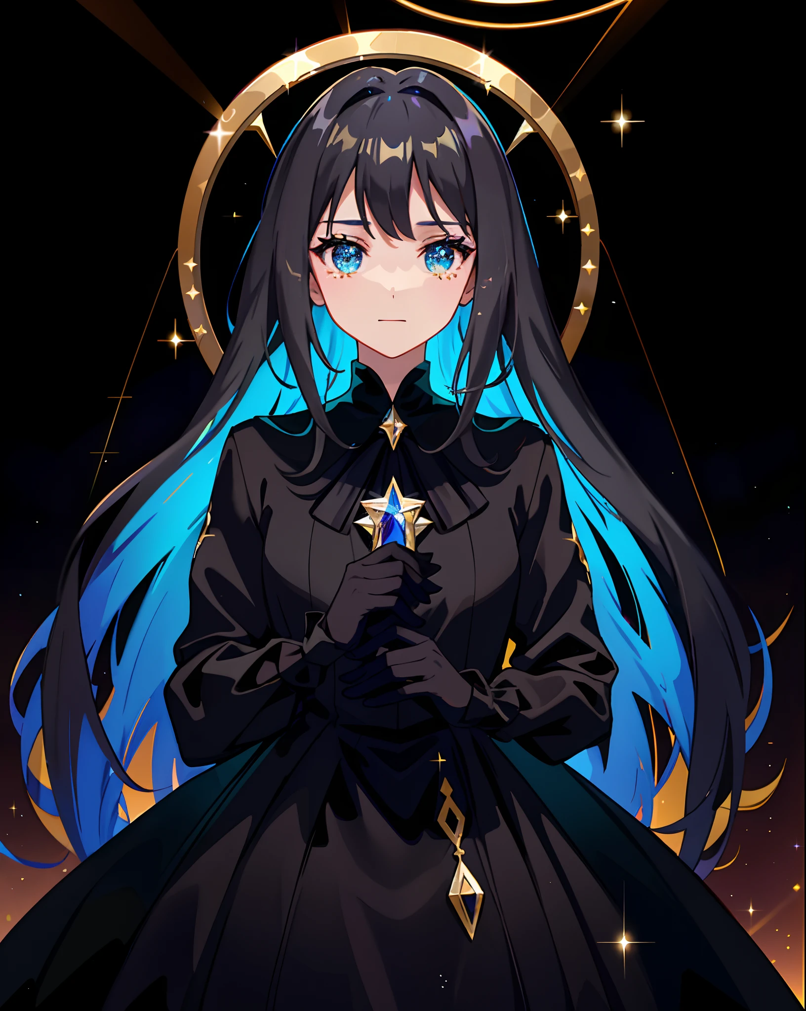 A Vantablake alien girl，Wearing a beautiful dark starlight gown，It has star sequins on it, She had golden tears streaming down her face, She held a celestial sphere in her hand, Pisif, (the complex background, boundage, Out of the boundary),((Vistas, Cinematic shots, skyscape, Mirror-like reflection))