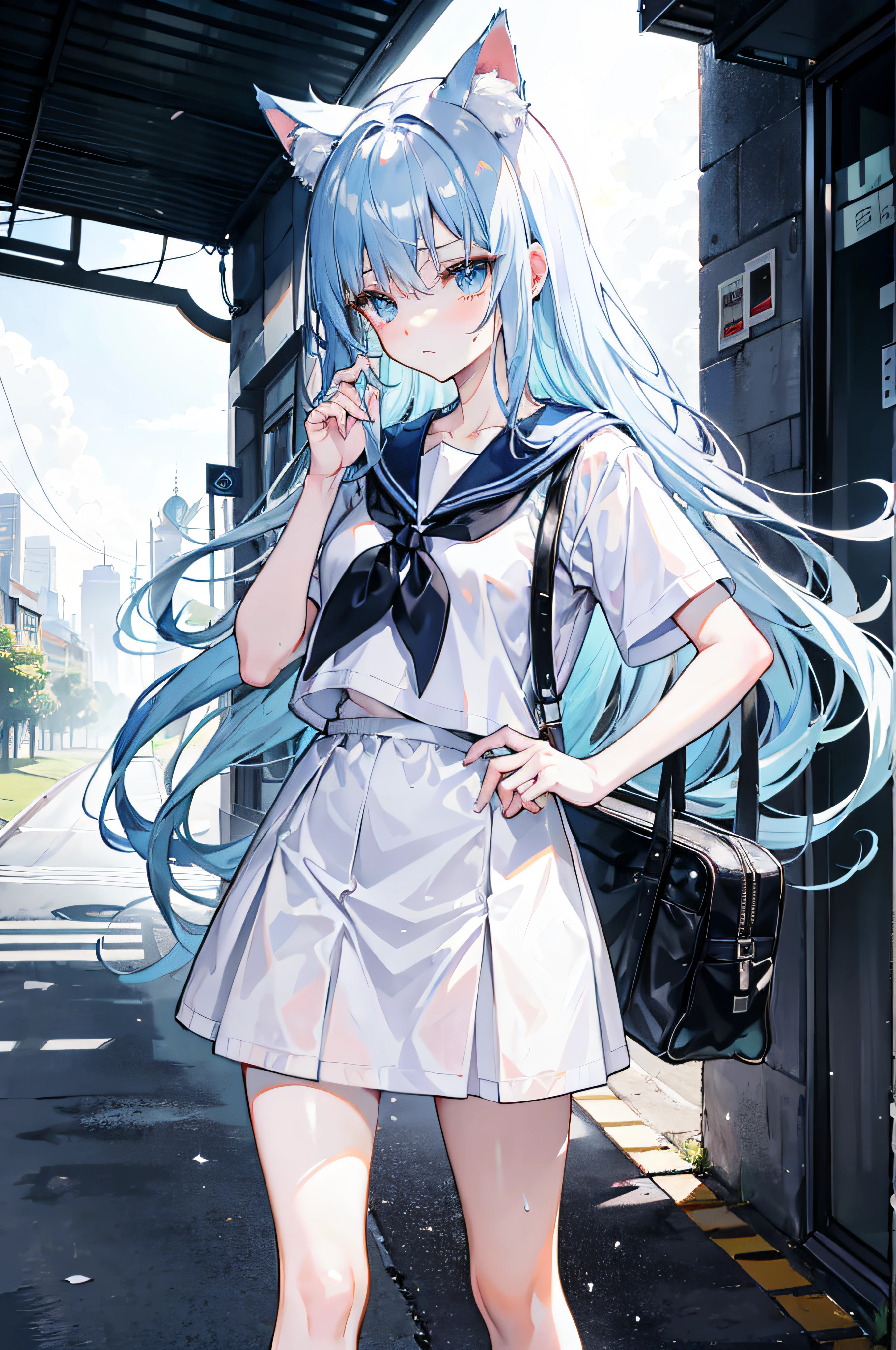 masutepiece,Best quality,ultra - detailed,Two hands,Two legs,Five fingers,best faces,1 girl,light blue long hair,timid,Cat ears,pale blue color eyes, Height 145 cm,small tits,Cat tail,Baby face,timid,a sailor suit,White T-Shirts,a black skirt,White socks,Holding a bag in his hand,Clothes wet with sweat,exhausted face,school,walking down a road,heat haze