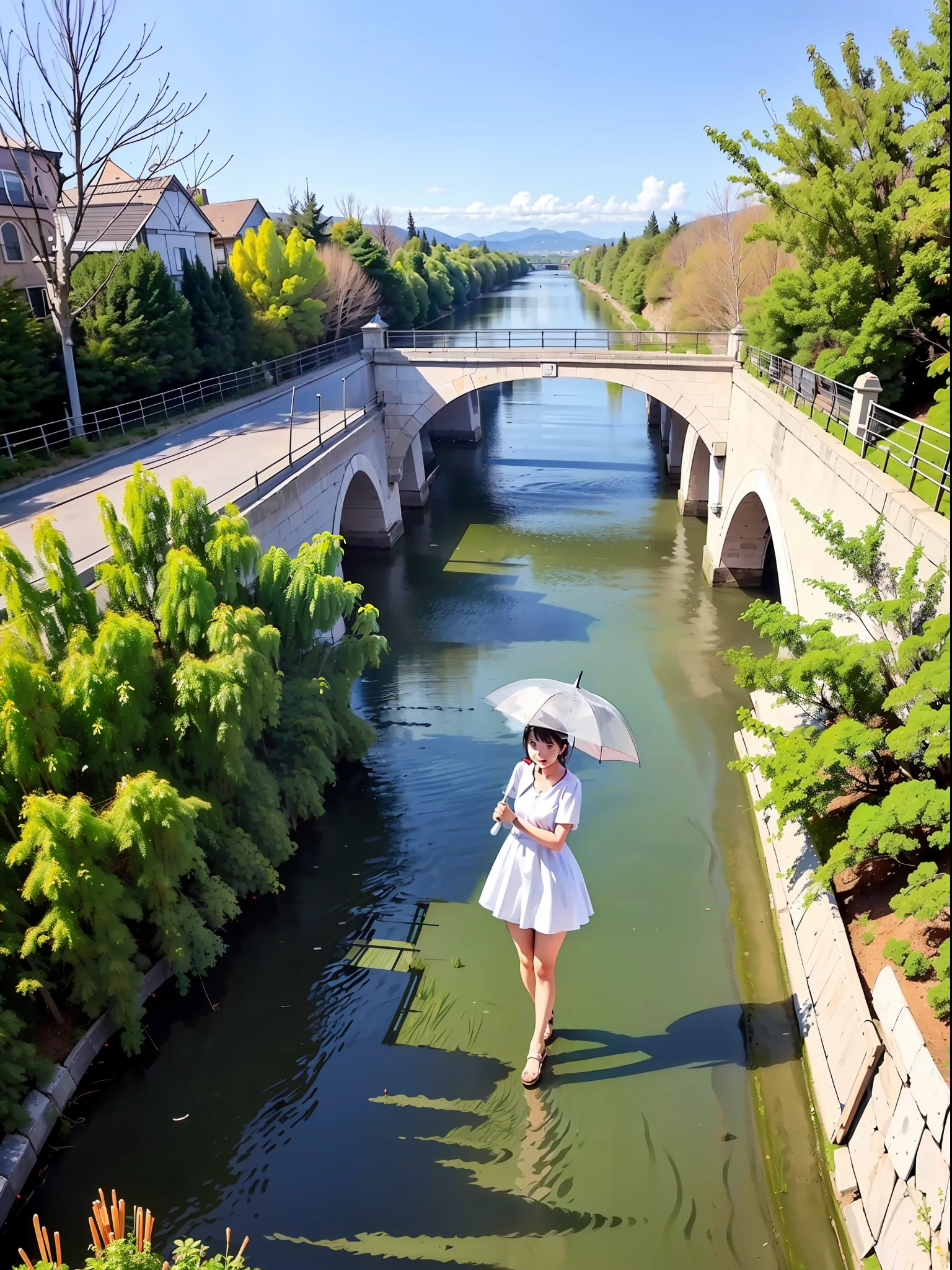 There is a woman on the stone arch bridge Woman holding a white umbrella There are willow trees next to the bridge There is a clear river under the bridge The weather is clear There is an ancient town by the bridge