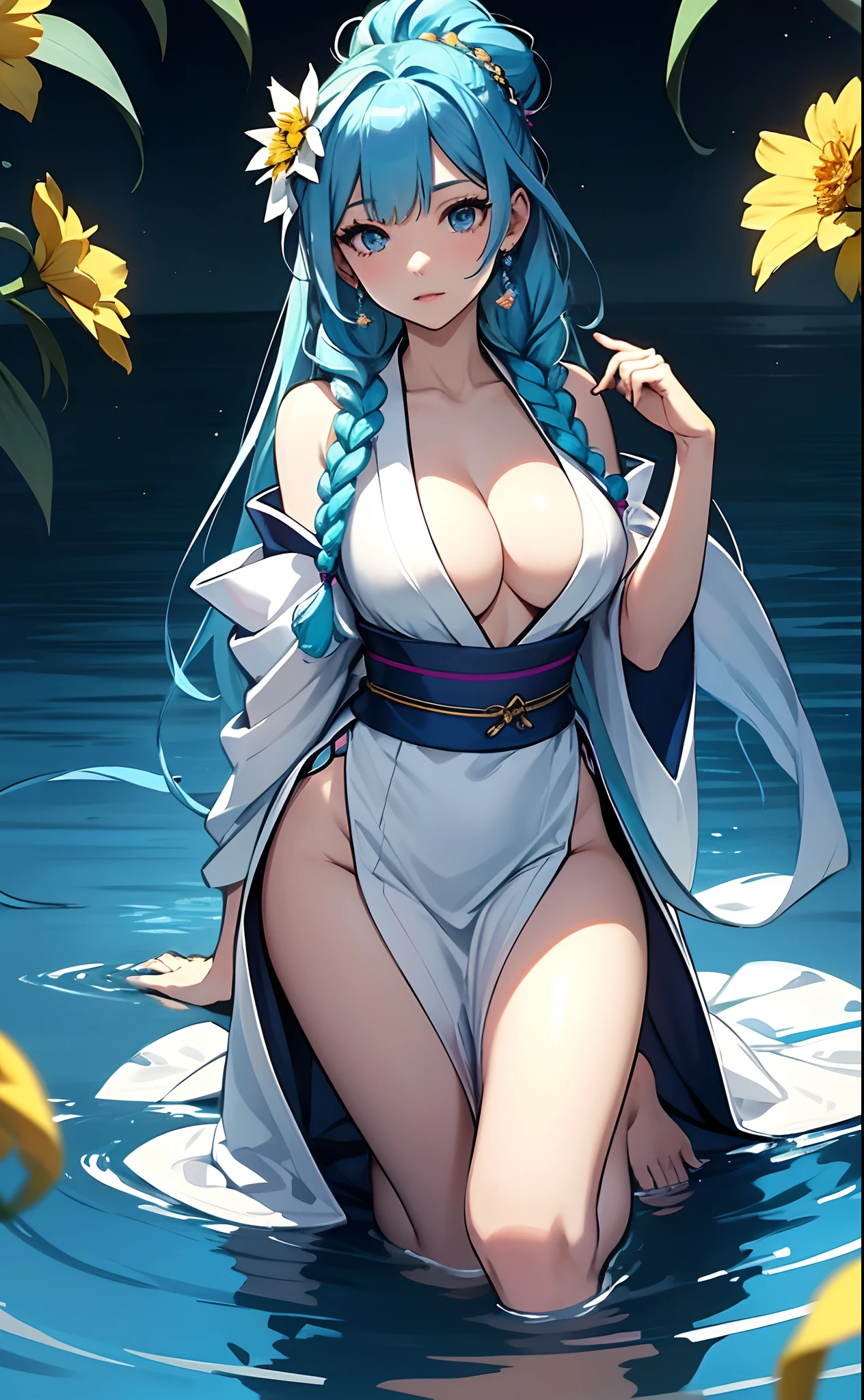 best qualityer，tmasterpiece，Ultimate resolution，downy，Extremely colorful，Colorful，water background，（Lake surface）,Dancer，White kimono long dress，huge tit，hair-bun，Fine braids，（Long aqua blue hair），Blue lip gloss，a matural female，（The barefoot），Kneeling pose，daffodil，Normal posture