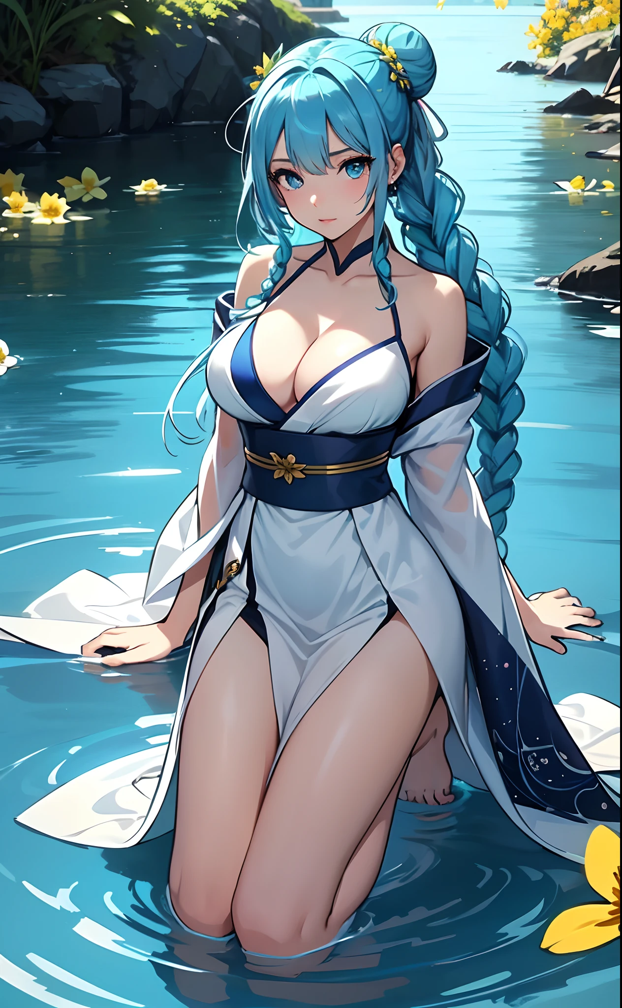 best qualityer,tmasterpiece,Ultimate resolution,downy,Extremely colorful,Colorful,water background,(Lake surface),Dancer,White kimono long dress,huge tit,hair-bun,Fine braids,(Long aqua blue hair),Blue lip gloss,a matural female,(The barefoot),Kneeling pose,daffodil,Normal posture