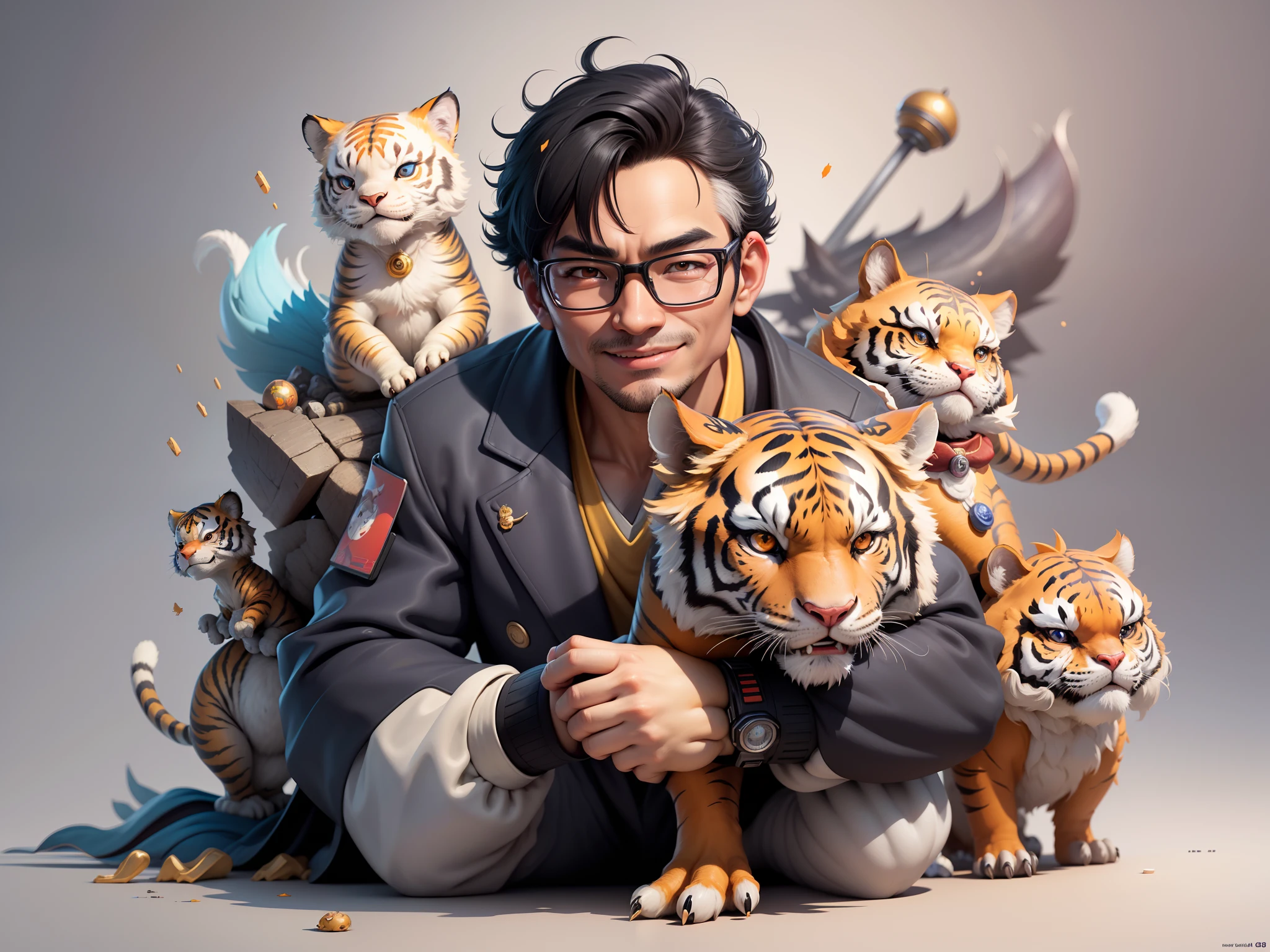 (Masterpiece), (Excellent), (Super Meticulous), (Full Body: 1.2), Super Young Man with Japanese Female Geisha, Pretty, Beautiful, Chinese Dragon, Tiger, Wind God Thor, Sexy, Bursting, Oriental Face, TV Anchor, Bust Portrait Illustration, Black Suit, Blue Tie, Slightly Chubby Face, Silver Glasses, Very Clean Face, No Beard on Chin, Black Super Short Hair, Black Eyes, Confident Smile, 3c Computer Sub-Products, iPad, iPhone, Digital Painting, 3D character design by Mark Clairedon and Pixar and Hayao Miyazaki and Akira Toriyama, the illustrations are HD illustrations in 4K resolution with highly detailed facial features and cartoon-style visuals.