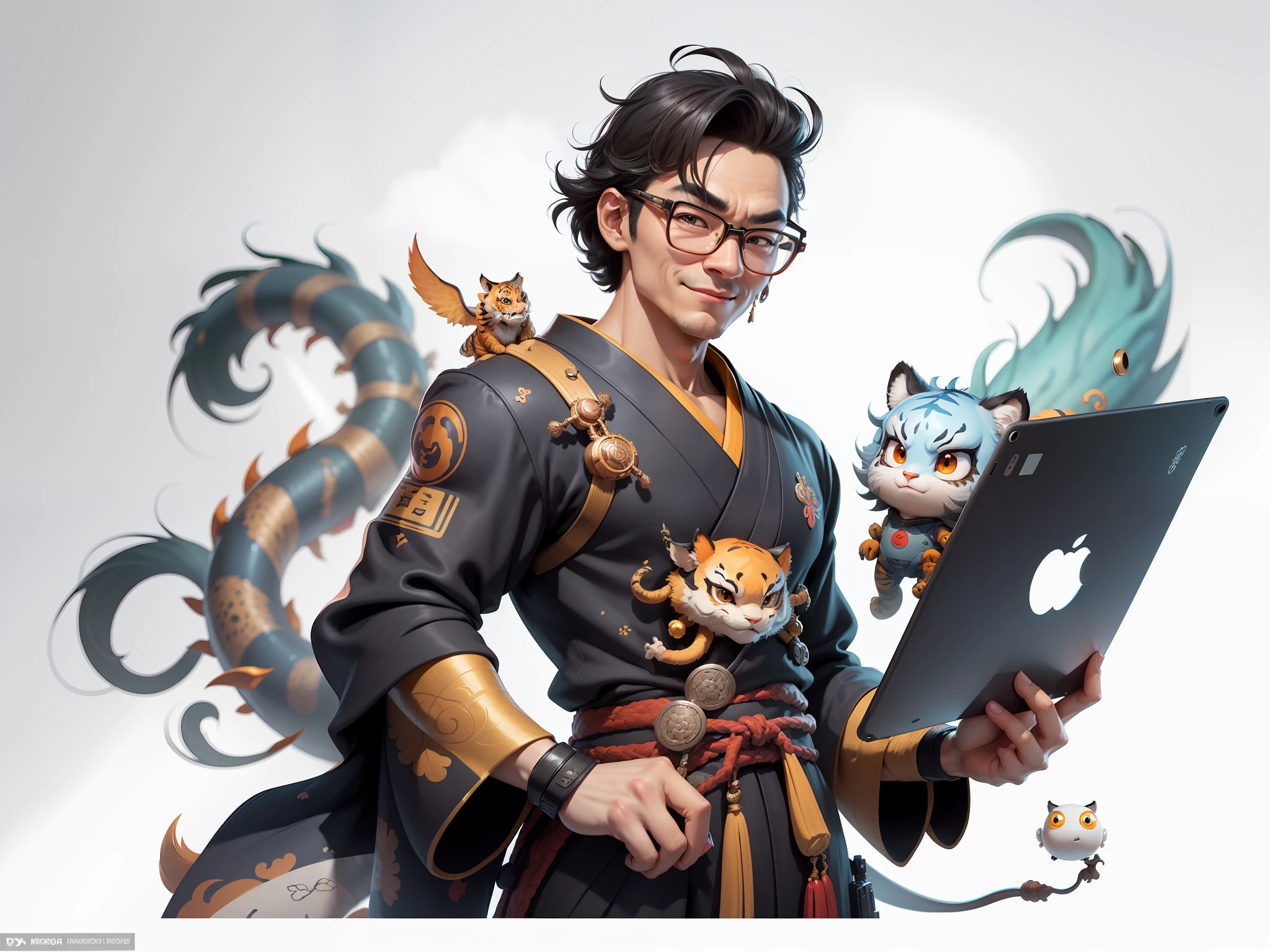 (Masterpiece), (Excellent), (Super Meticulous), (Full Body: 1.2), Super Young Man with Japanese Female Geisha, Pretty, Beautiful, Chinese Dragon, Tiger, Wind God Thor, Sexy, Bursting, Oriental Face, TV Anchor, Bust Portrait Illustration, Black Suit, Blue Tie, Slightly Chubby Face, Silver Glasses, Very Clean Face, No Beard on Chin, Black Super Short Hair, Black Eyes, Confident Smile, 3c Computer Sub-Products, iPad, iPhone, Digital Painting, 3D character design by Mark Clairedon and Pixar and Hayao Miyazaki and Akira Toriyama, the illustrations are HD illustrations in 4K resolution with highly detailed facial features and cartoon-style visuals.