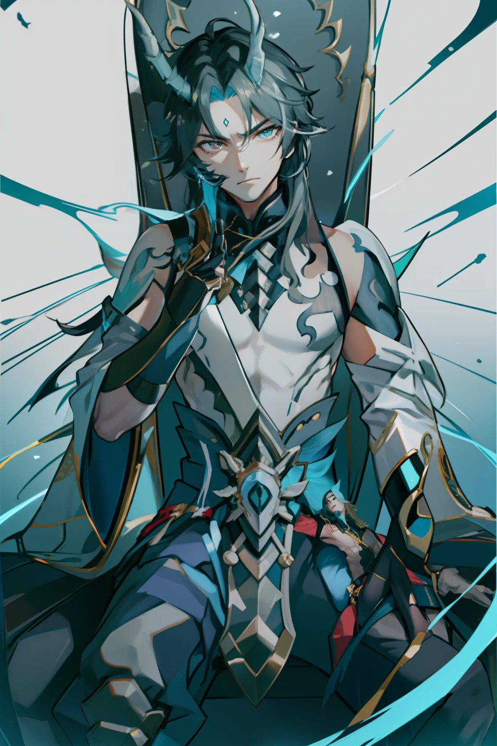 （absurderes，A high resolution，Hyper-detailing，hdr），Dragon's horn，younge boy，tmasterpiece，best qualtiy，1人，独奏，Handsome，Golden eyes，Fine eyes and detailed face，toppless，Tattooed with，arma，seated on a throne，Indifferent and arrogant，Abs，chest muscle，Raised sexy，Ruffian，Show your temperament，Male，masculine appeal，Male characteristics are distinct，Long messy hair，Arrogant，self-assured，Sitting majestically on the throne，Legs crossed，white pantie，supreme，Lazy，Handsome，