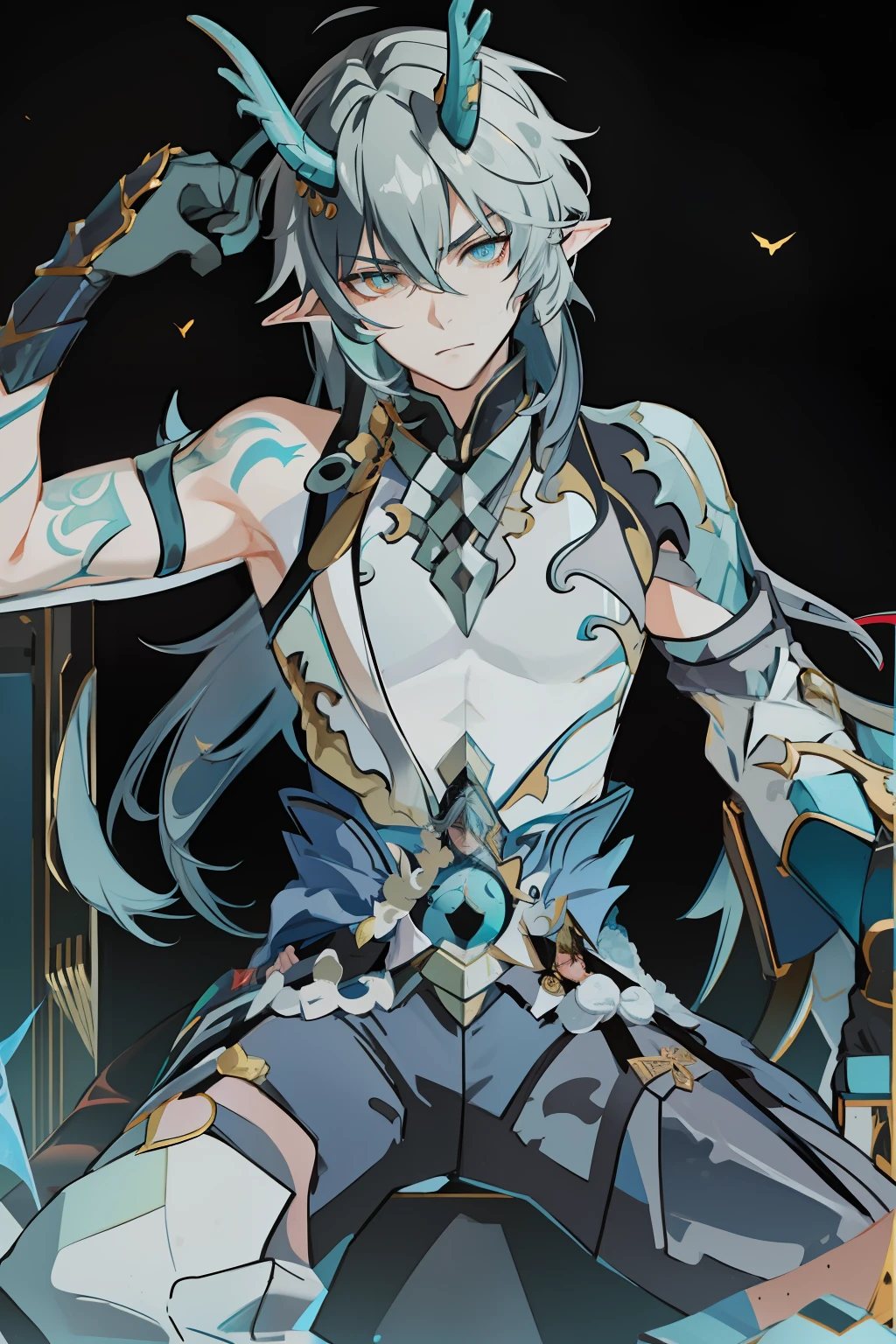 (absurderes,A high resolution,Hyper-detailing,hdr),Dragon's horn,younge boy,tmasterpiece,best qualtiy,1人,独奏,Handsome,Golden eyes,Fine eyes and detailed face,toppless,Tattooed with,arma,seated on a throne,Indifferent and arrogant,Abs,chest muscle,Raised sexy,Ruffian,Show your temperament,Male,masculine appeal,Male characteristics are distinct,Long messy hair,Arrogant,self-assured,Sitting majestically on the throne,Legs crossed,white pantie,supreme,Lazy,Handsome,