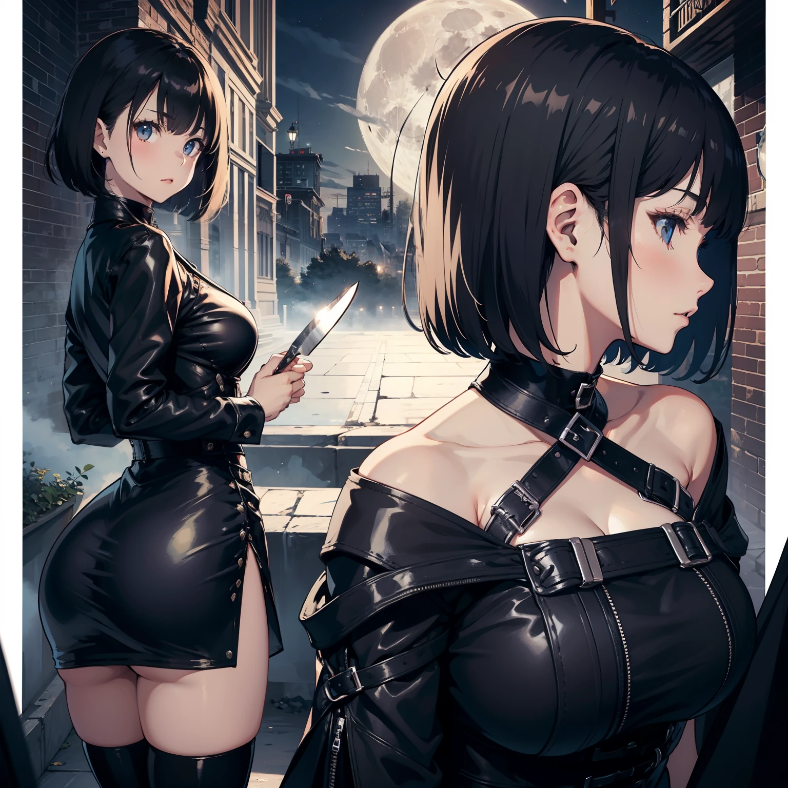 Supreme Classy Beautiful Woman、profile、heavy-metal、bustup、Short bob cut、Hanging、glares、Fututristick、Licking a knife、Shining eyes、Leather Dresses、Moon Night、Big Full Moon1One、