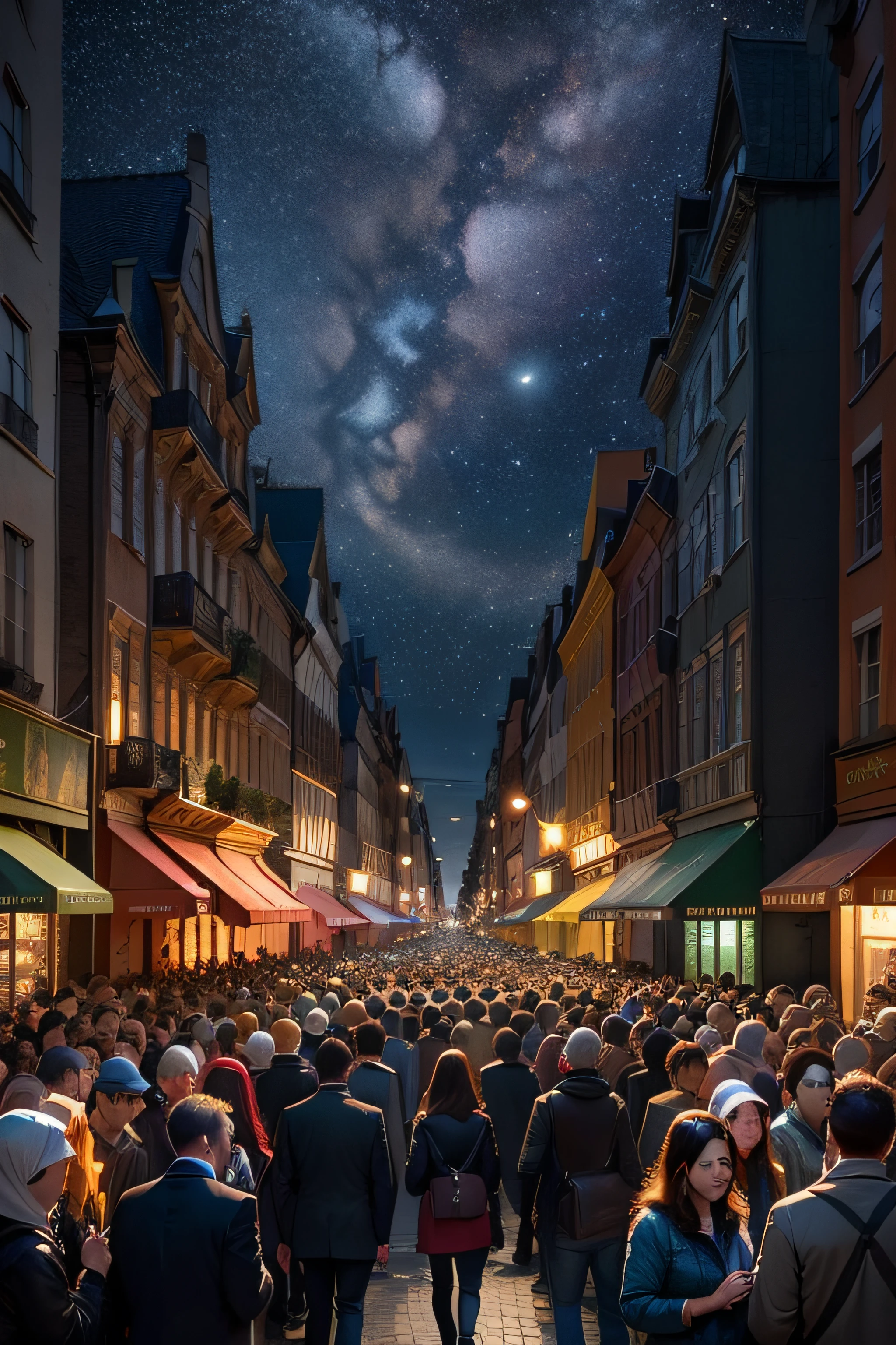 ((Pedestrian crowded city streets),(Gorgeous two-dimensional crowd:1.3),(Bustling street scene),(Beautiful starry sky))