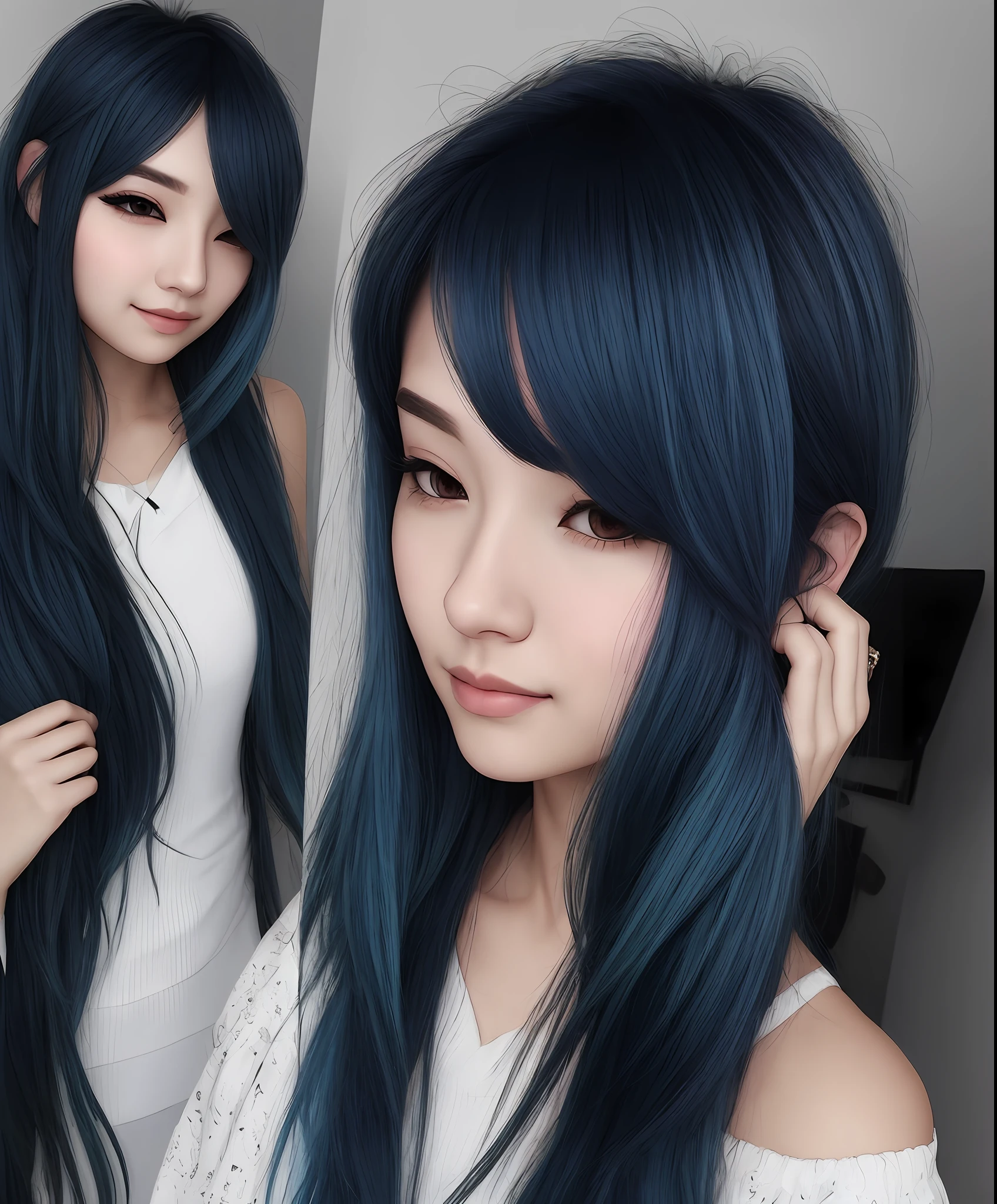 Light blue hair,, blushing and slim