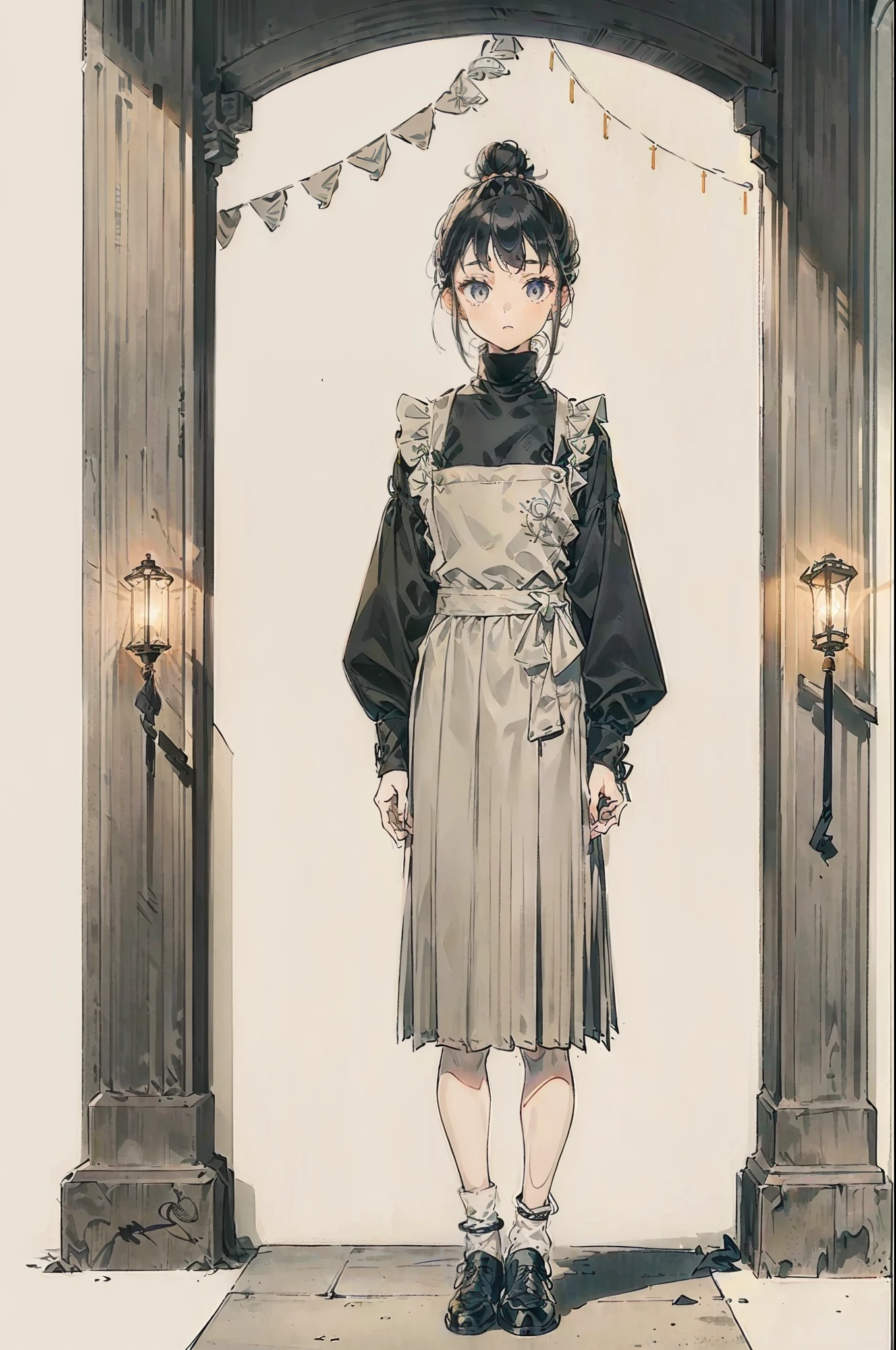 (A -yeld gi+(Old turtleneck shirt+Light gray color+Pleats)+(Dark gray dress+Simple style+No flashy decorations)+(aprons+greys/Light+lacing/Embroidery)+(leather shoes+Plain style+black in color)+(hair-bun+White bandana to tie hair)，Whole body diagram，standing on your feet