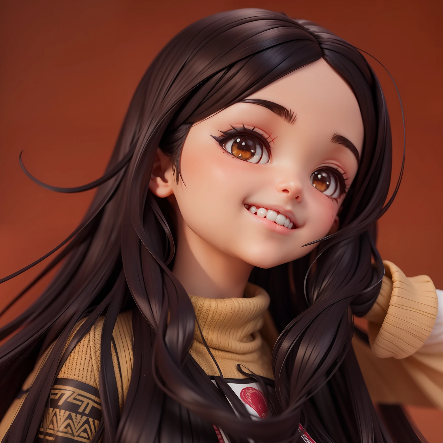1girl, with brown piyama, long hair, black hair, anime style, cute smile