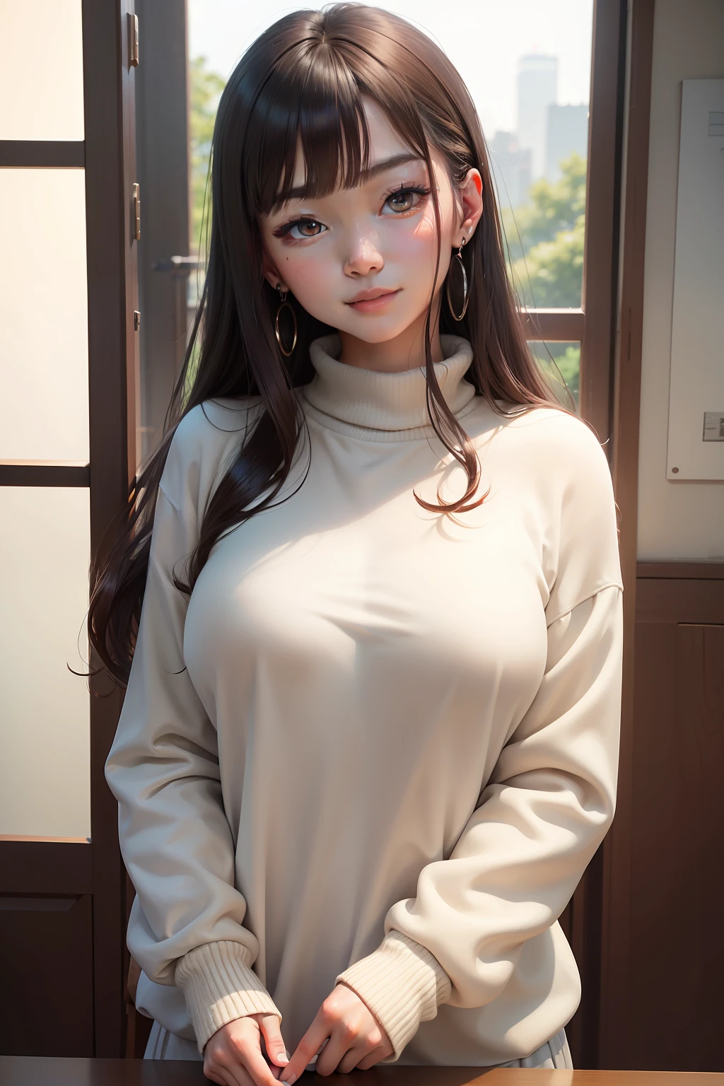 (1girl,(ultra detailed skin),beautiful breasts,large breasts,pale skin,pointy breasts,erect nipples),(Hyperrealist,(8k),ultra-realistic,high detail,high resolution,best quality,masterpiece,Sense of presence,Dynamic,bold),(thin hair:2),(soft hair:2),(straight hair]1.5),Swept long bangs,extra light coppery amber hair,hair over one eye,(clothed:1.5,sweater:1.5),Have fun