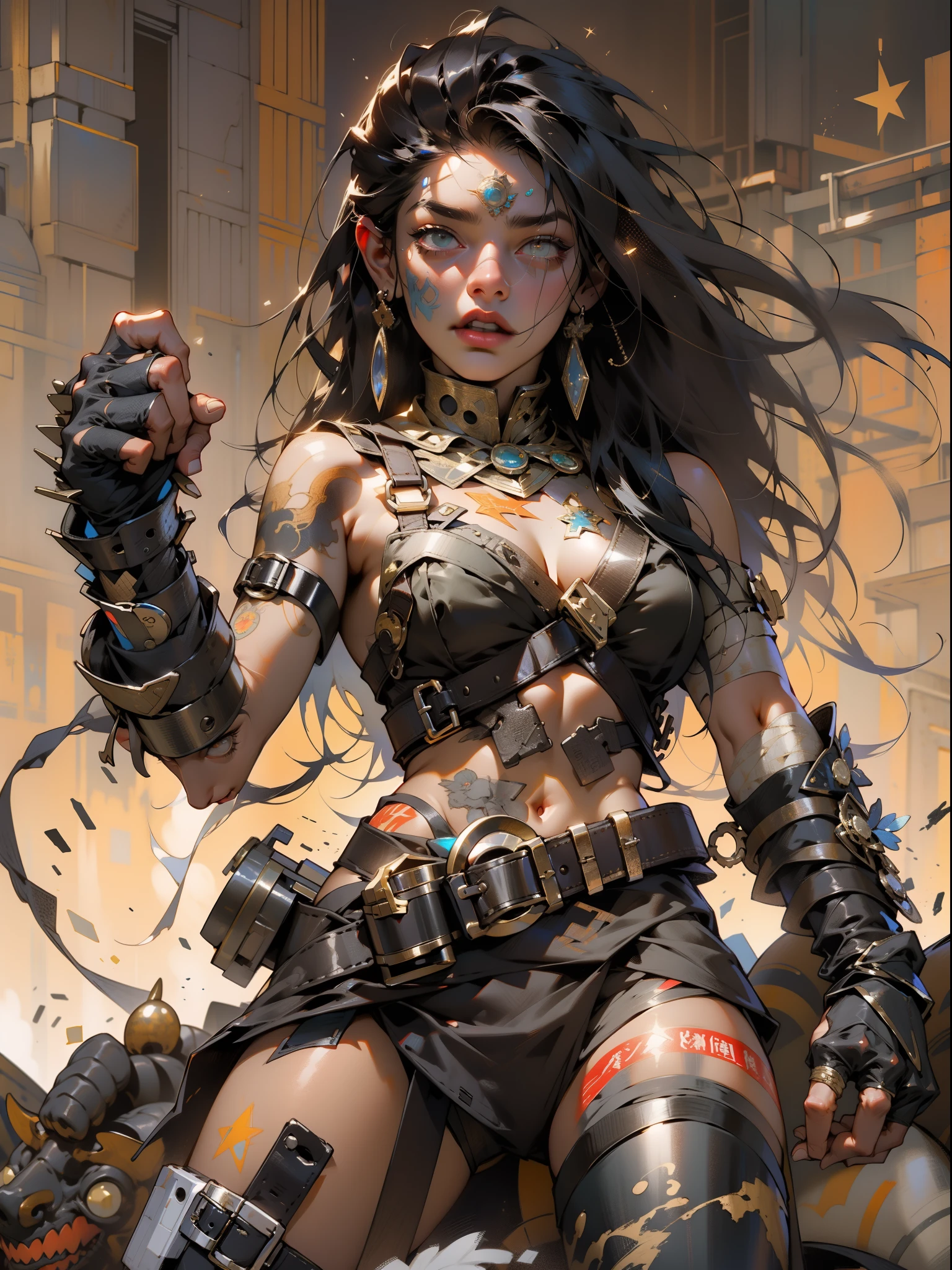 Nijistyle, (((female))), (((best quality))), (((master part))), (((adulto))), A post-apocalyptic barbarian flossing in a post-apocalyptic world, hand with steel gloves and metal tips, pele limpa, (( estrelas sob os peitos )), (( Tiny floss )), quase nua, Estilo Simon Bisley para uma capa de quadrinhos do Brooklyn Gladiator, pose sensual, Seminuas, quase sem roupa, Destroyed clothing, correntes e estrelas de metal, ( best quality), (absurdos), Corpo Perfeito, cena sexy, moicano colorido, Background with a destroyed city